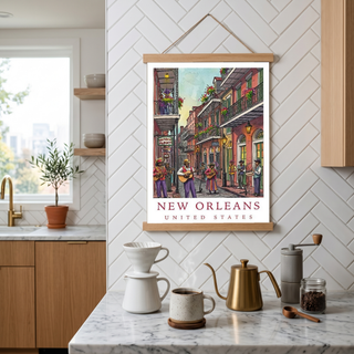 New Orleans Travel Poster — French Quarter Jazz Buskers Street Print