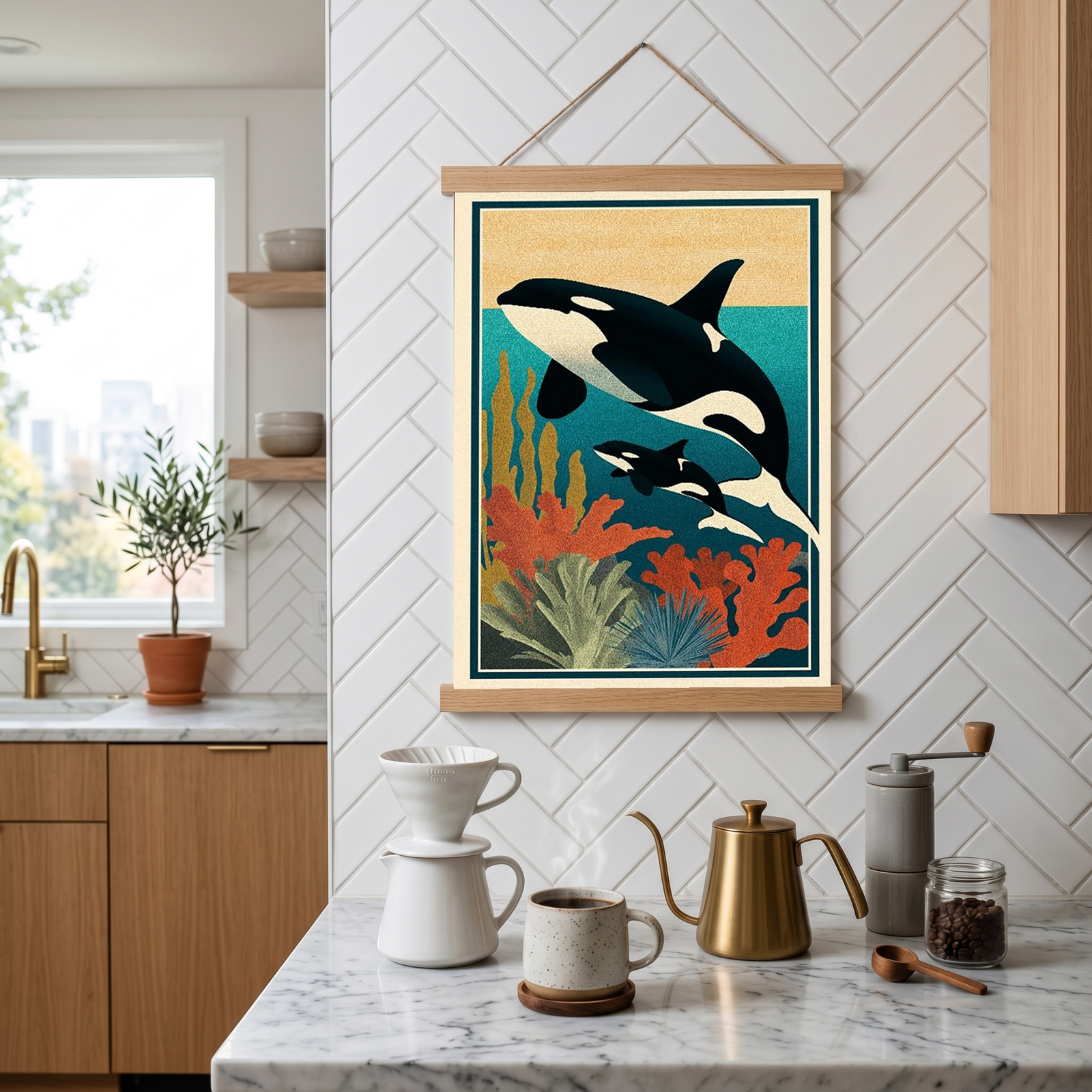 Orca Mother & Calf Ocean Reef Poster - Coastal Wildlife Wall Art