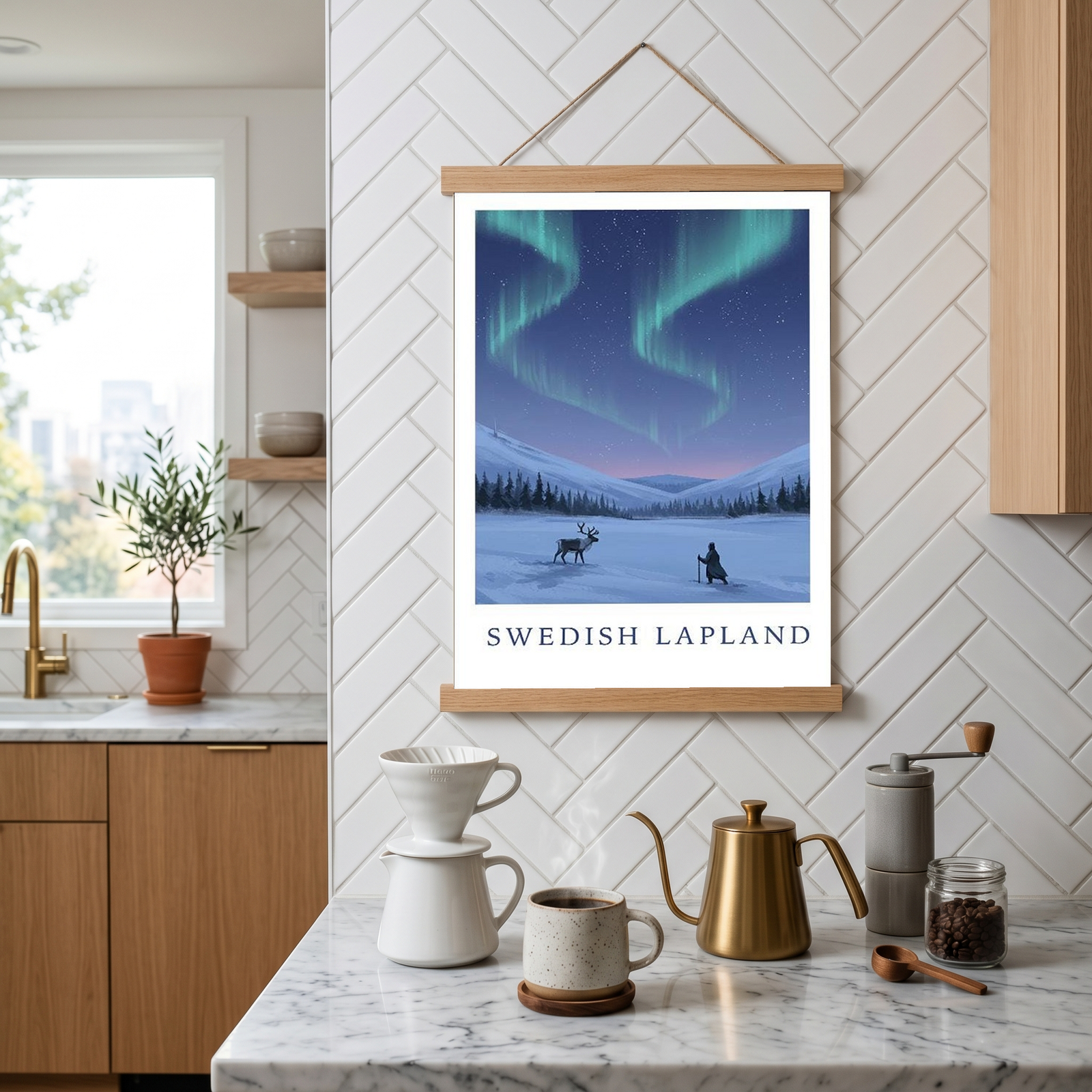 Swedish Lapland Travel Poster — Northern Lights Reindeer Sami Print