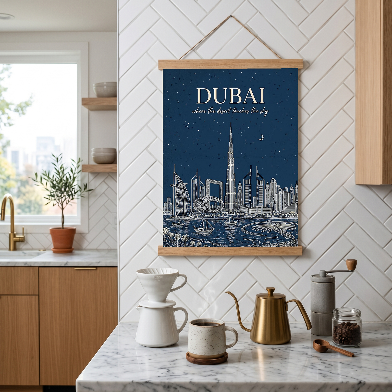 Dubai Line Art Print — Navy Burj Khalifa Skyline Wall Art