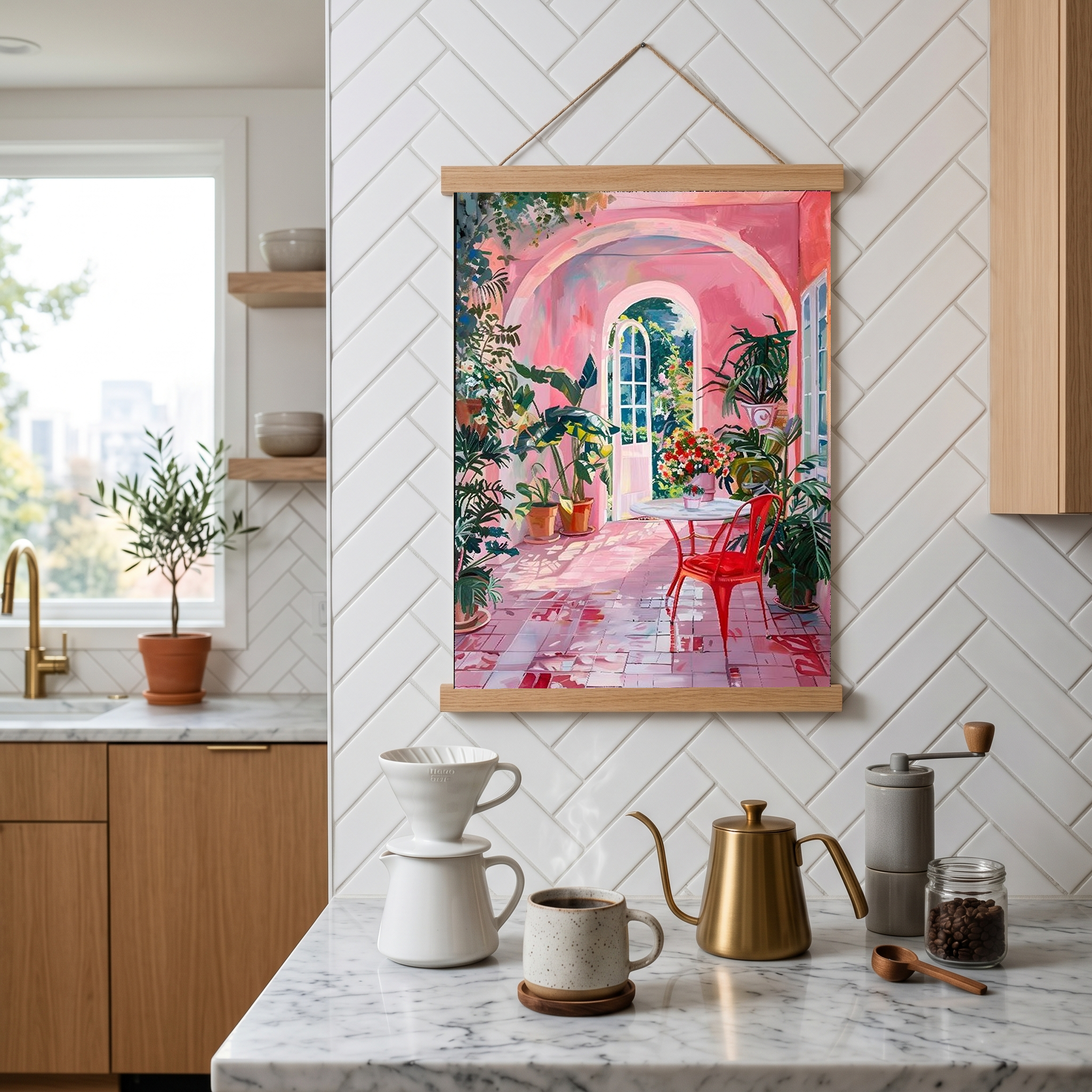 Pink Botanical Archway Painting — Lush Indoor Garden Conservatory Poster