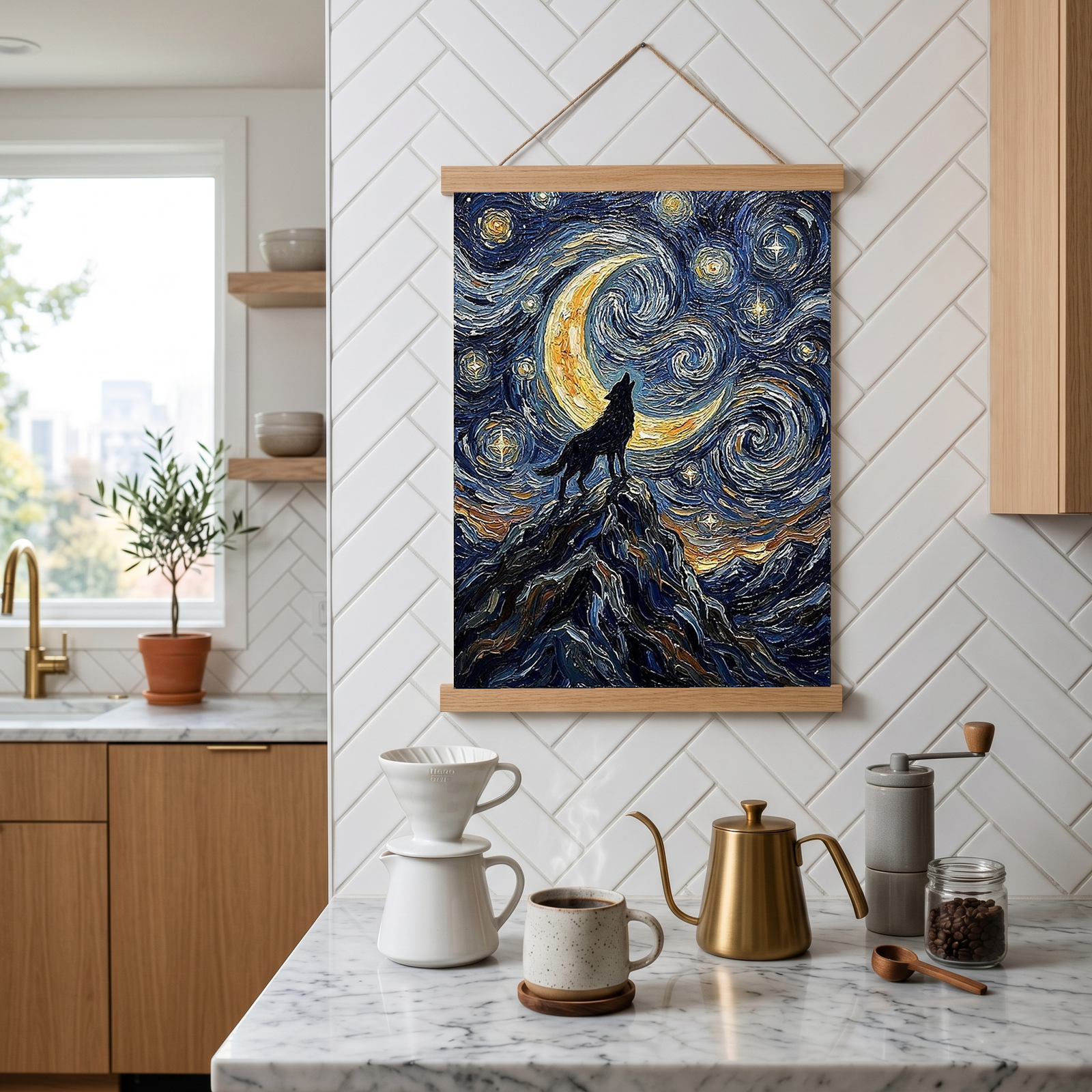 Black Wolf Howling Crescent Moon Print — Van Gogh-Style Mountain Wall Art