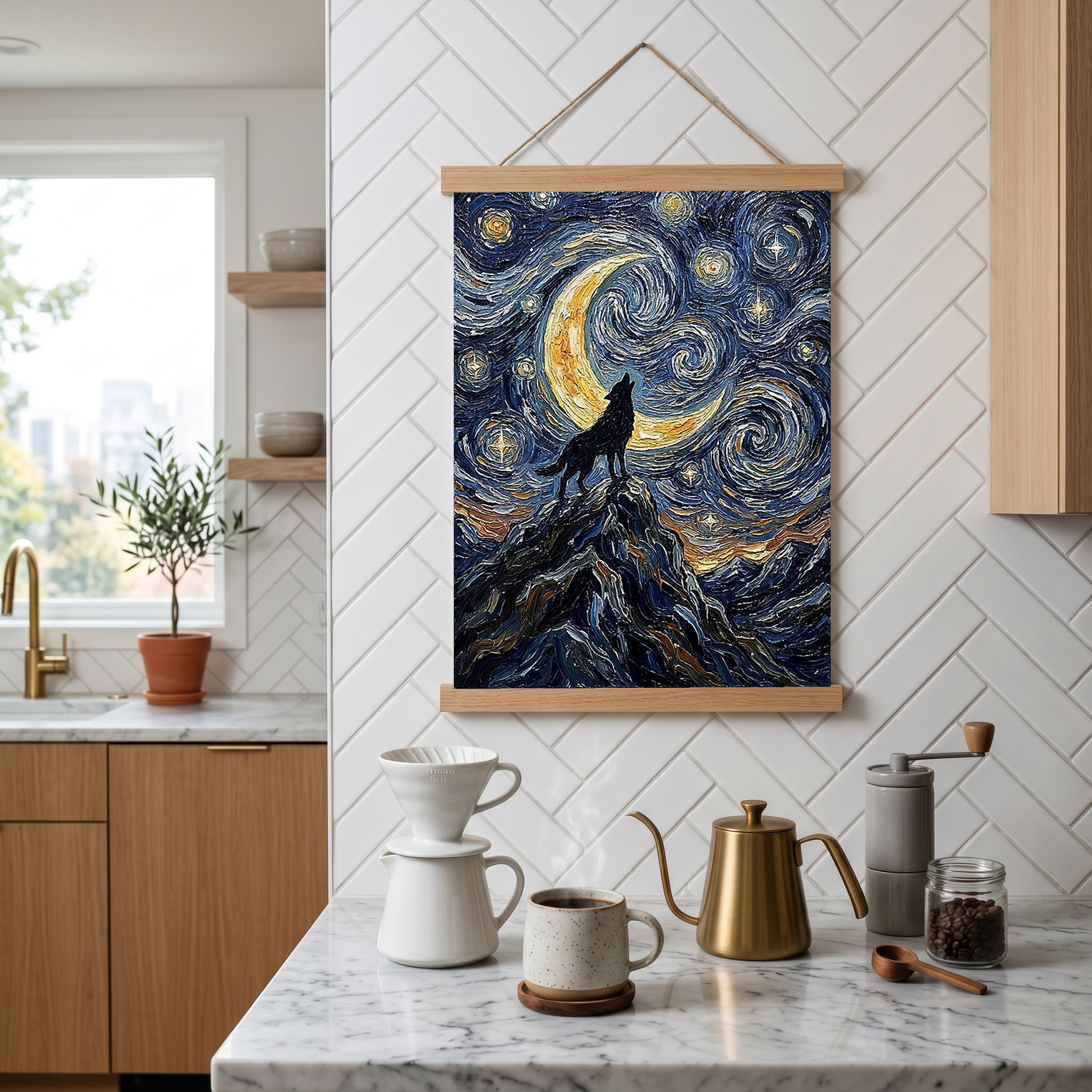 Black Wolf Howling Crescent Moon Print — Van Gogh-Style Mountain Wall Art