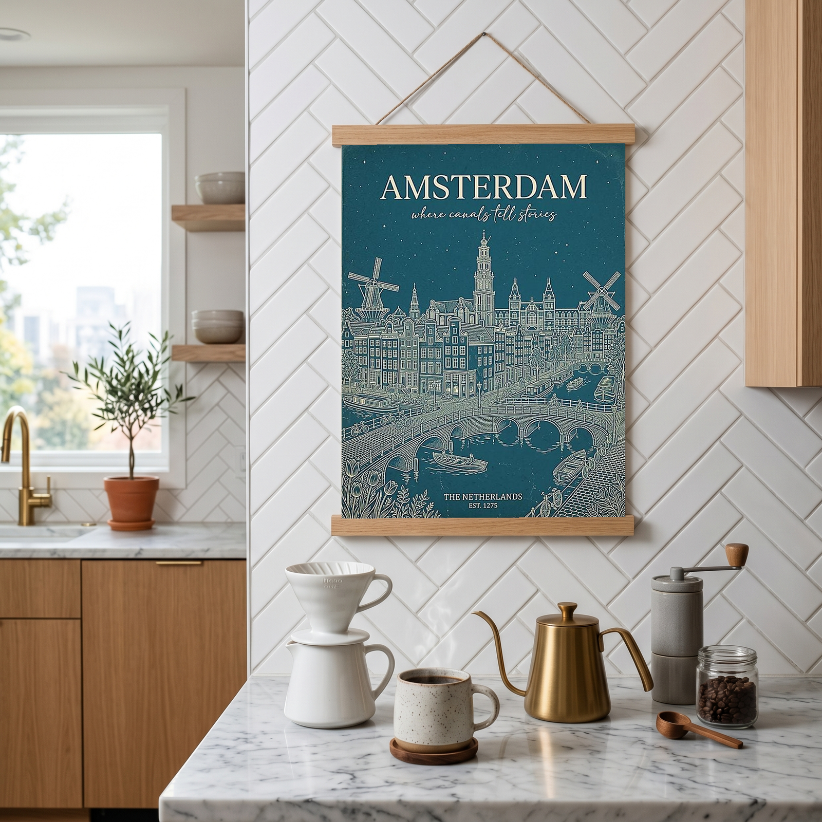 Amsterdam Line Art Print — Teal Canal Windmill Skyline Wall Art