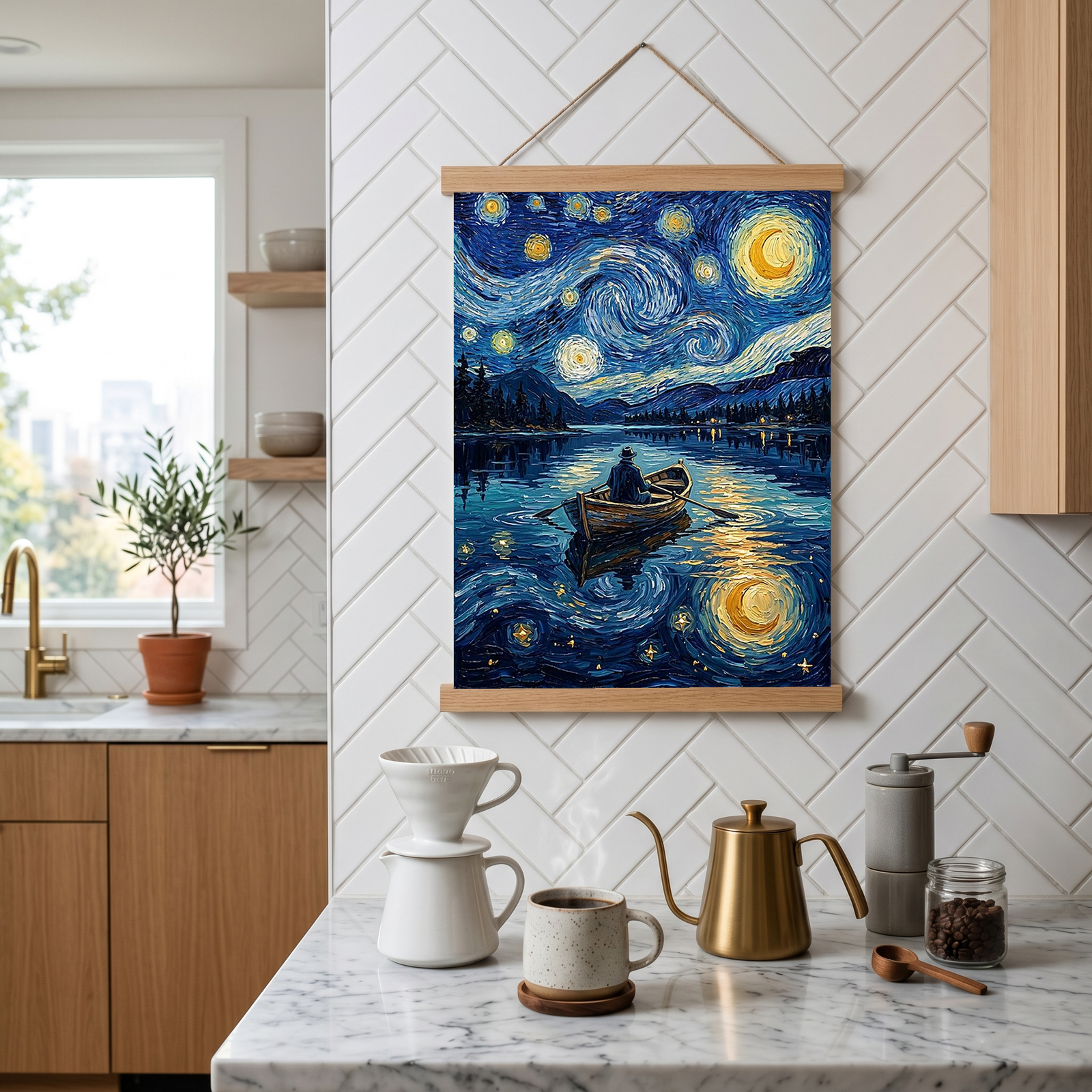 Moonlit Lake Rowboat Print — Van Gogh-Style Night Fishing Cabin Wall Art