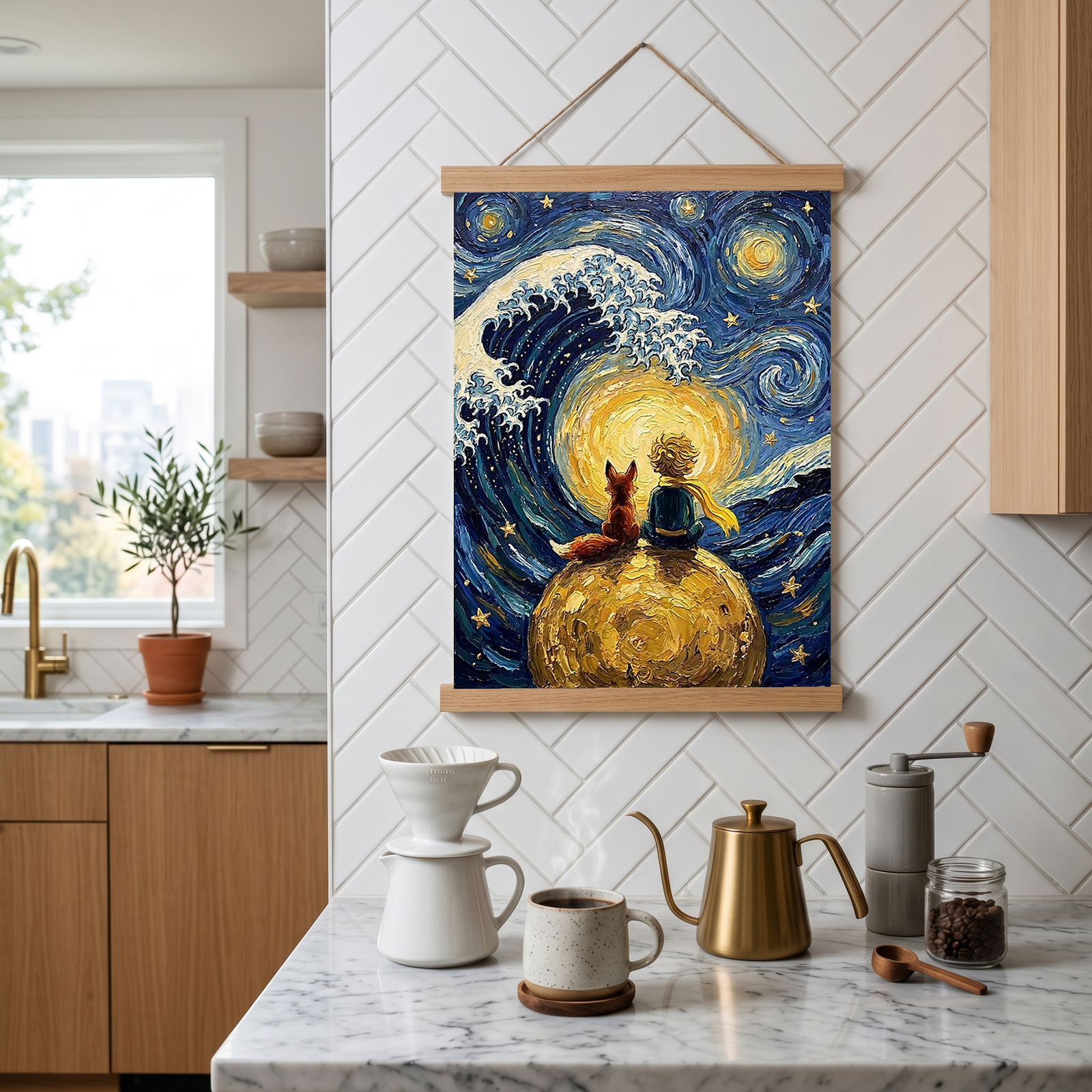Little Prince Fox &amp; Planet Print — Van Gogh-Style Nursery Wall Art