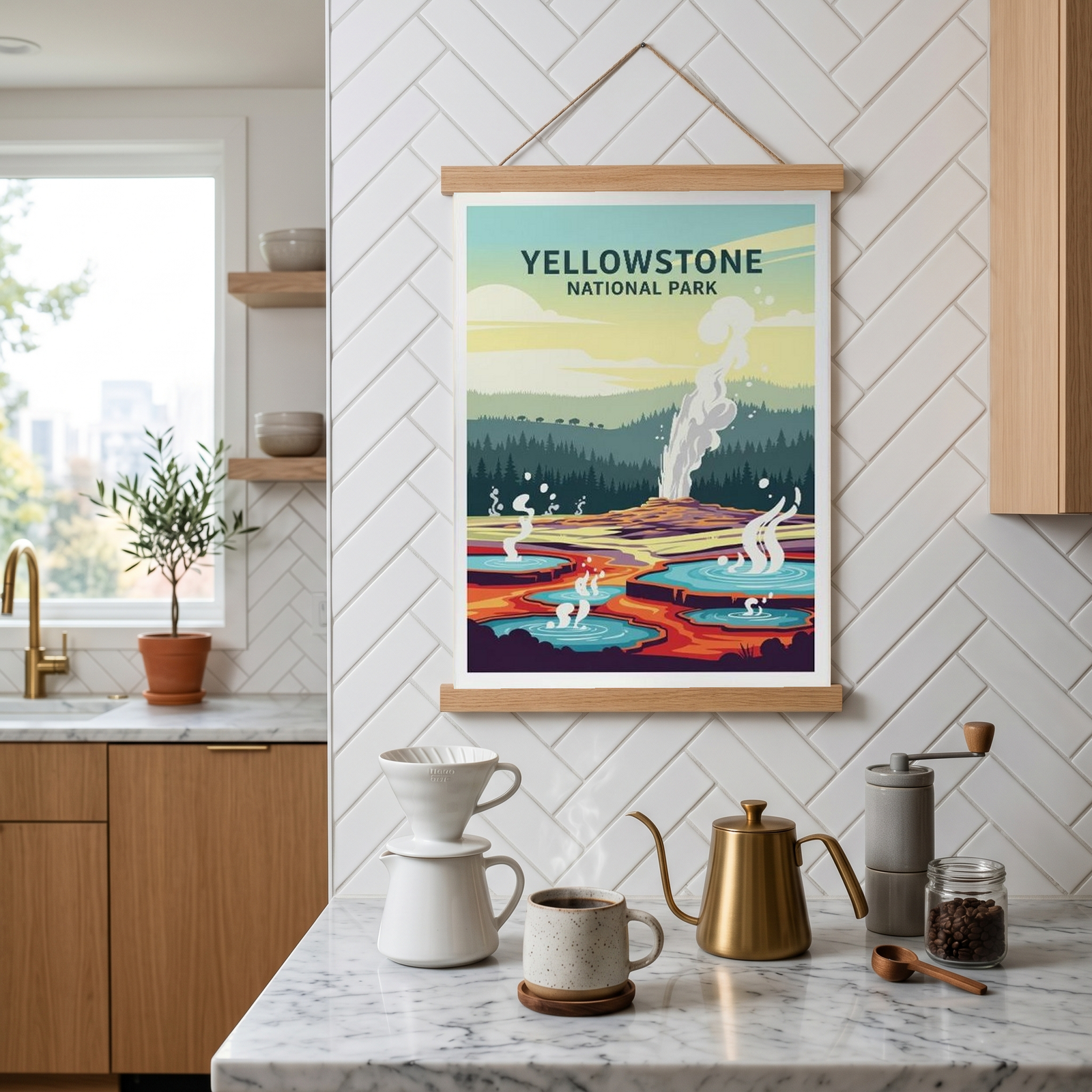 Yellowstone National Park Poster — Vintage Old Faithful Grand Prismatic Spring Print