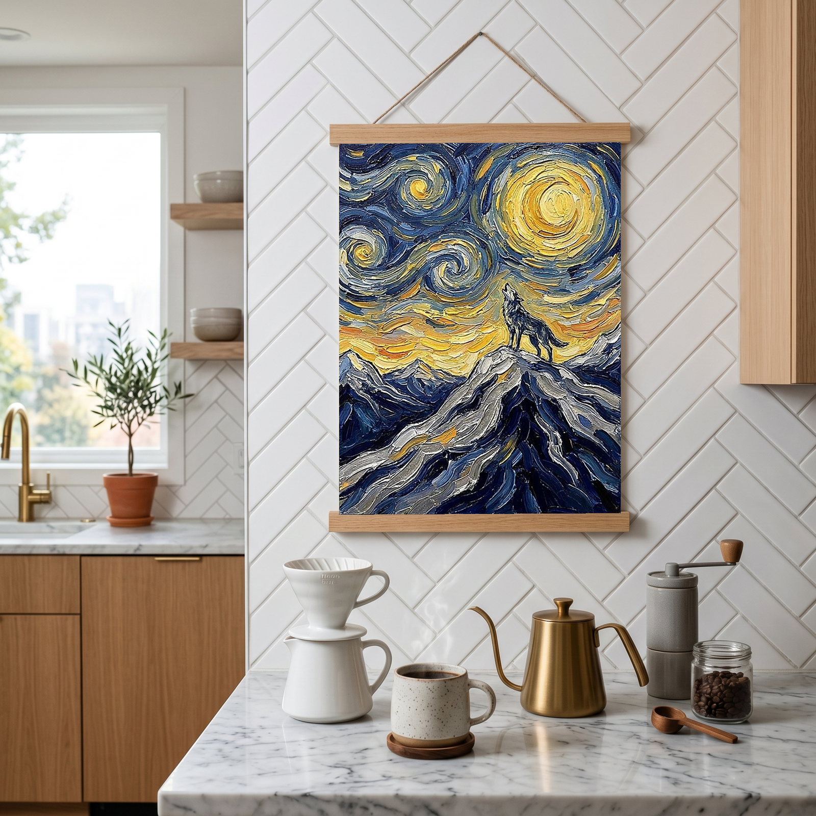 Lone Wolf Howling Mountain Peak Print — Van Gogh Starry Night Wall Art