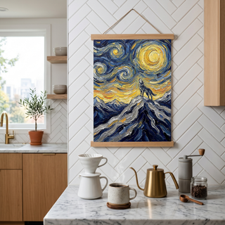 Lone Wolf Howling Mountain Peak Print — Van Gogh Starry Night Wall Art