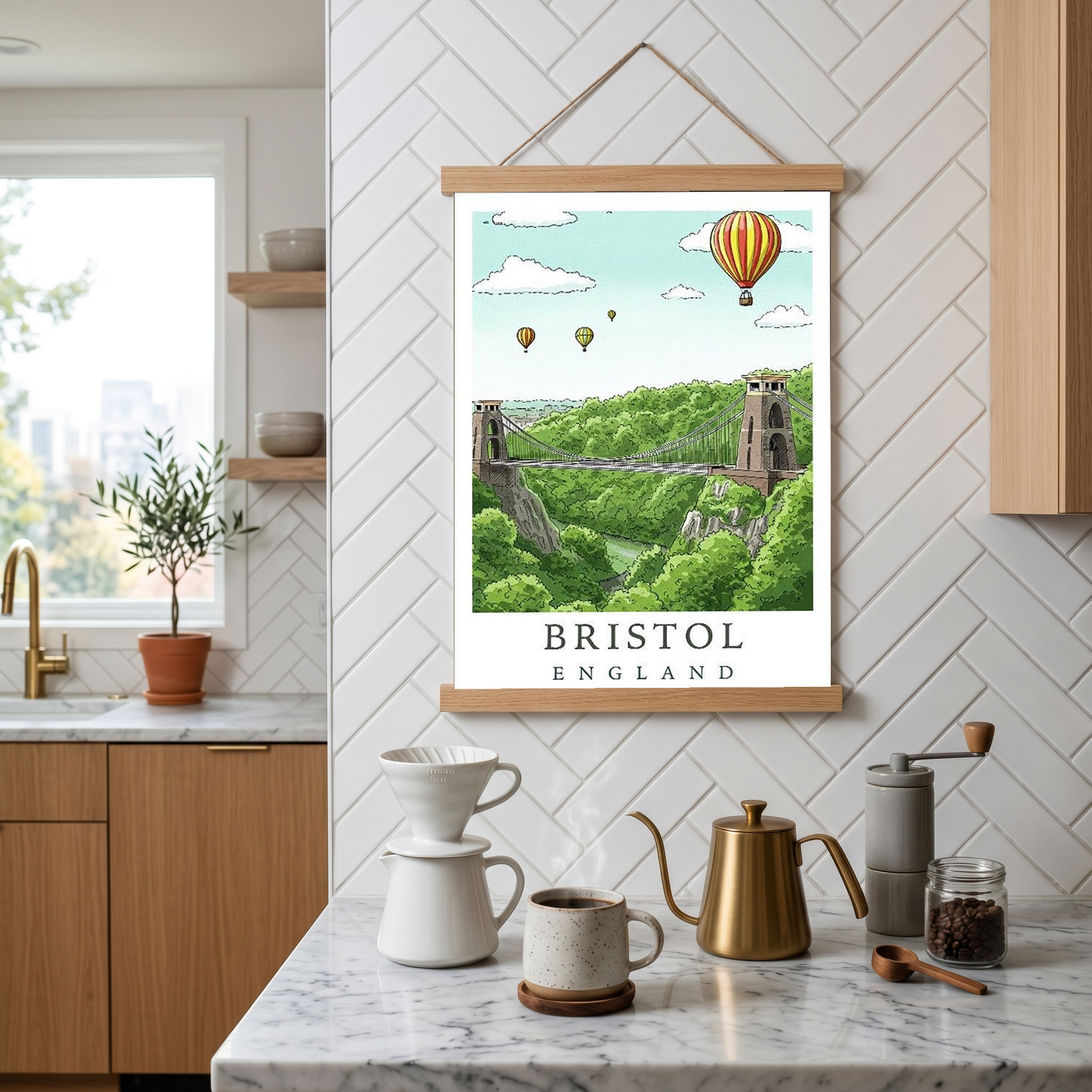 Bristol England Travel Poster — Clifton Bridge Hot Air Balloon Print