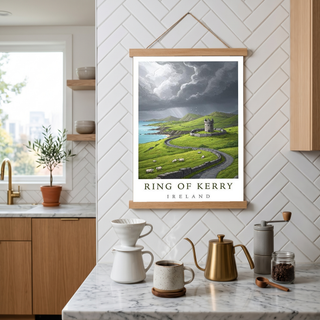 Ring of Kerry Ireland Travel Poster — Coastal Castle Sheep Stone Wall Print