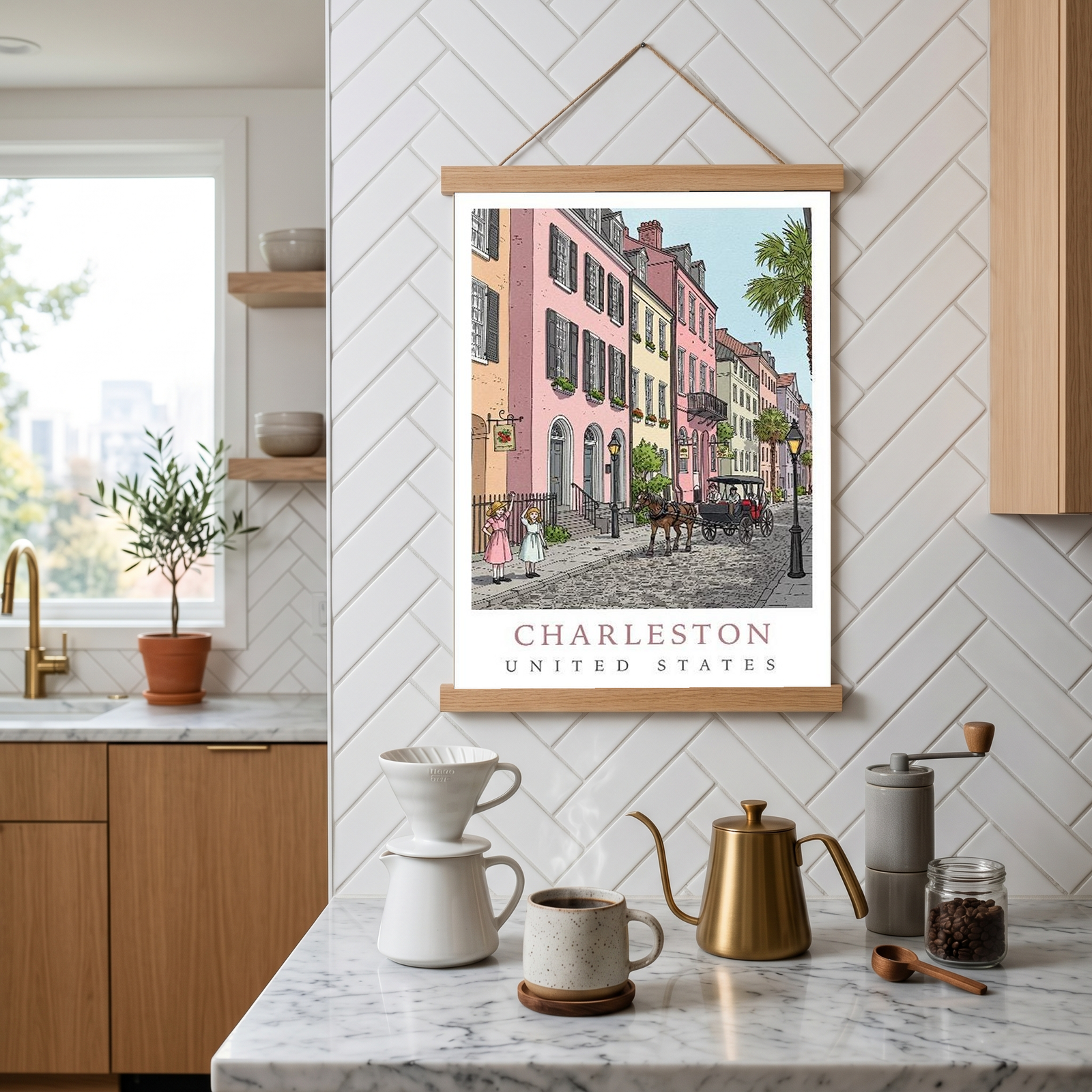 Charleston SC Travel Poster — Rainbow Row Carriage Ride Pastel Print
