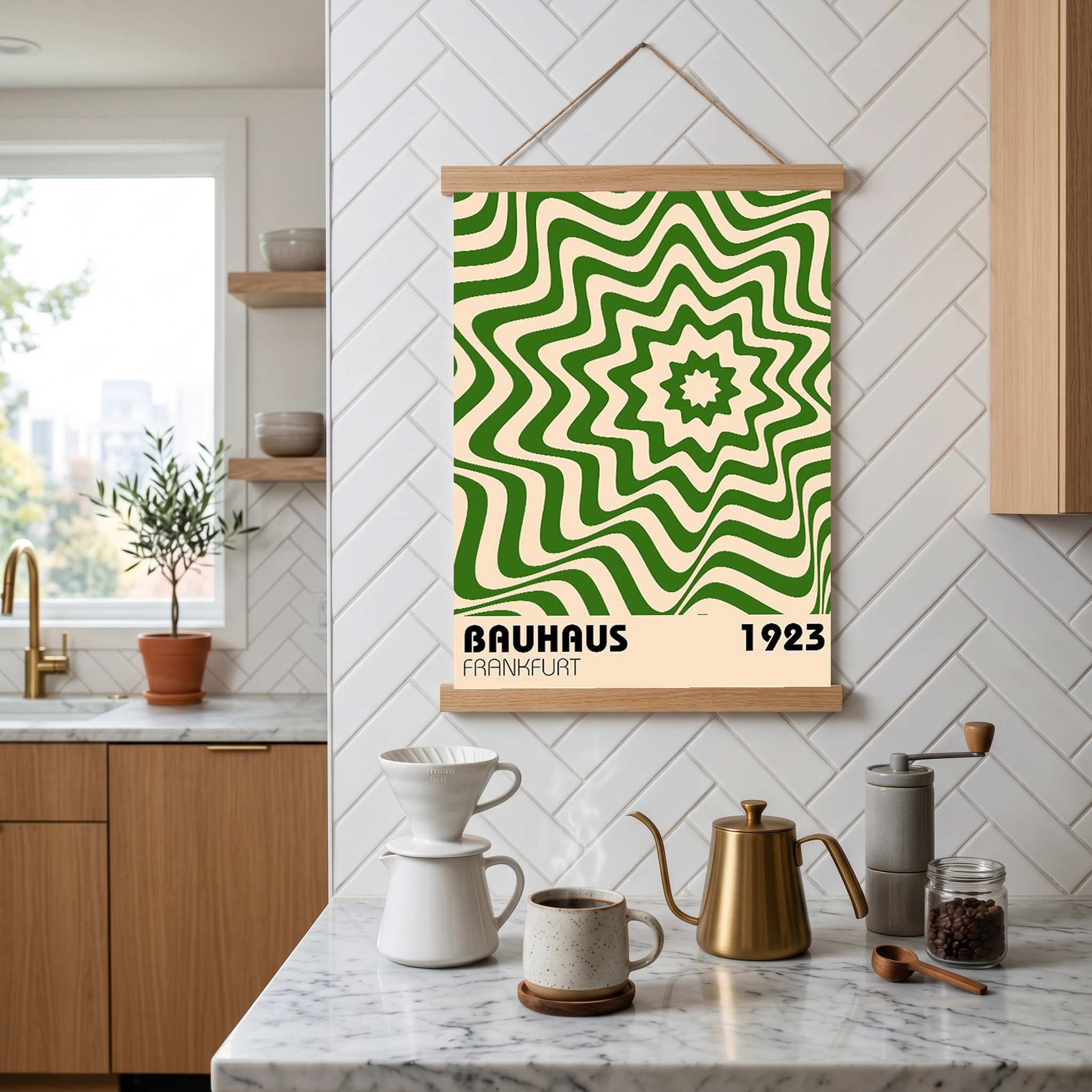 Bauhaus Frankfurt 1923 Poster - Green Geometric Wavy Star Print