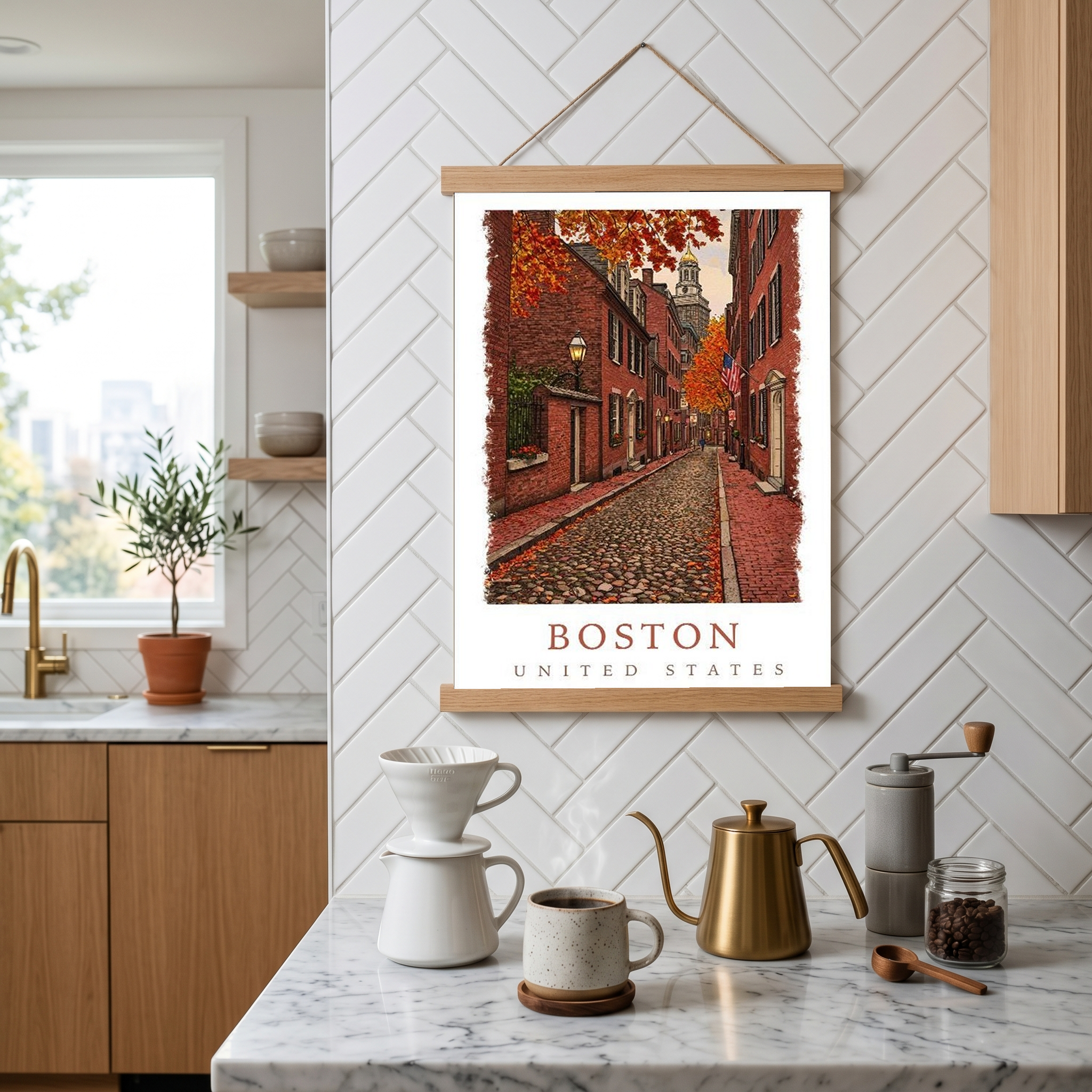 Boston USA Travel Poster — Acorn Street Beacon Hill Fall Foliage Print