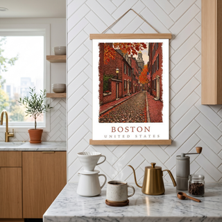 Boston USA Travel Poster — Acorn Street Beacon Hill Fall Foliage Print