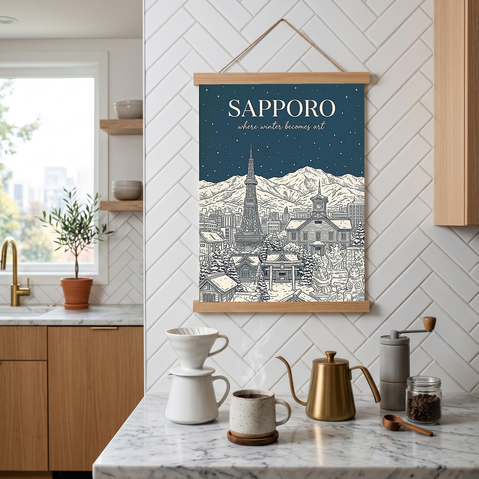 Sapporo Line Art Print — Steel Blue Snow Festival TV Tower Wall Art