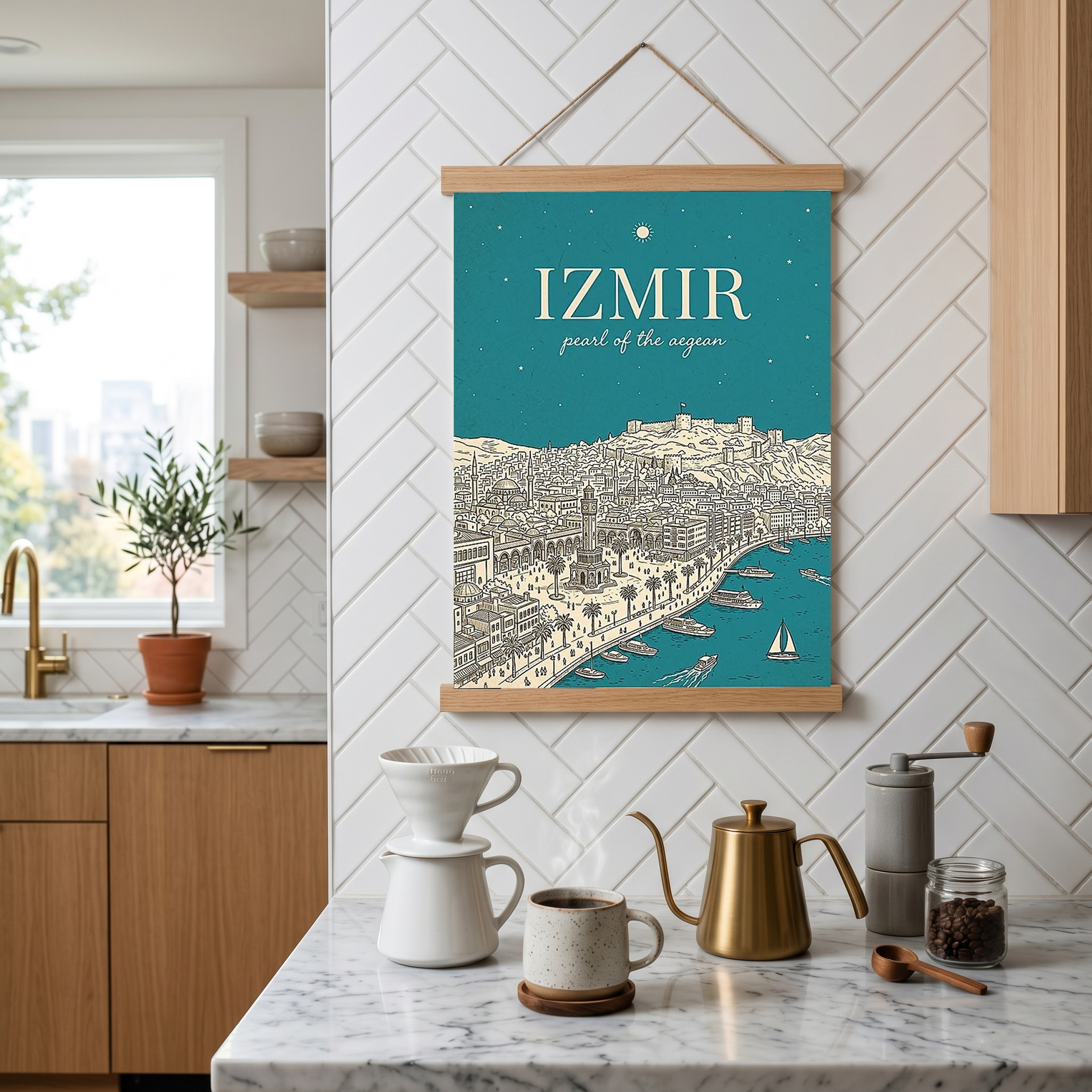 İzmir Line Art Print — Teal Clock Tower Kadifekale Aegean Coast Wall Art