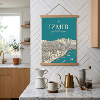 İzmir Line Art Print — Teal Clock Tower Kadifekale Aegean Coast Wall Art
