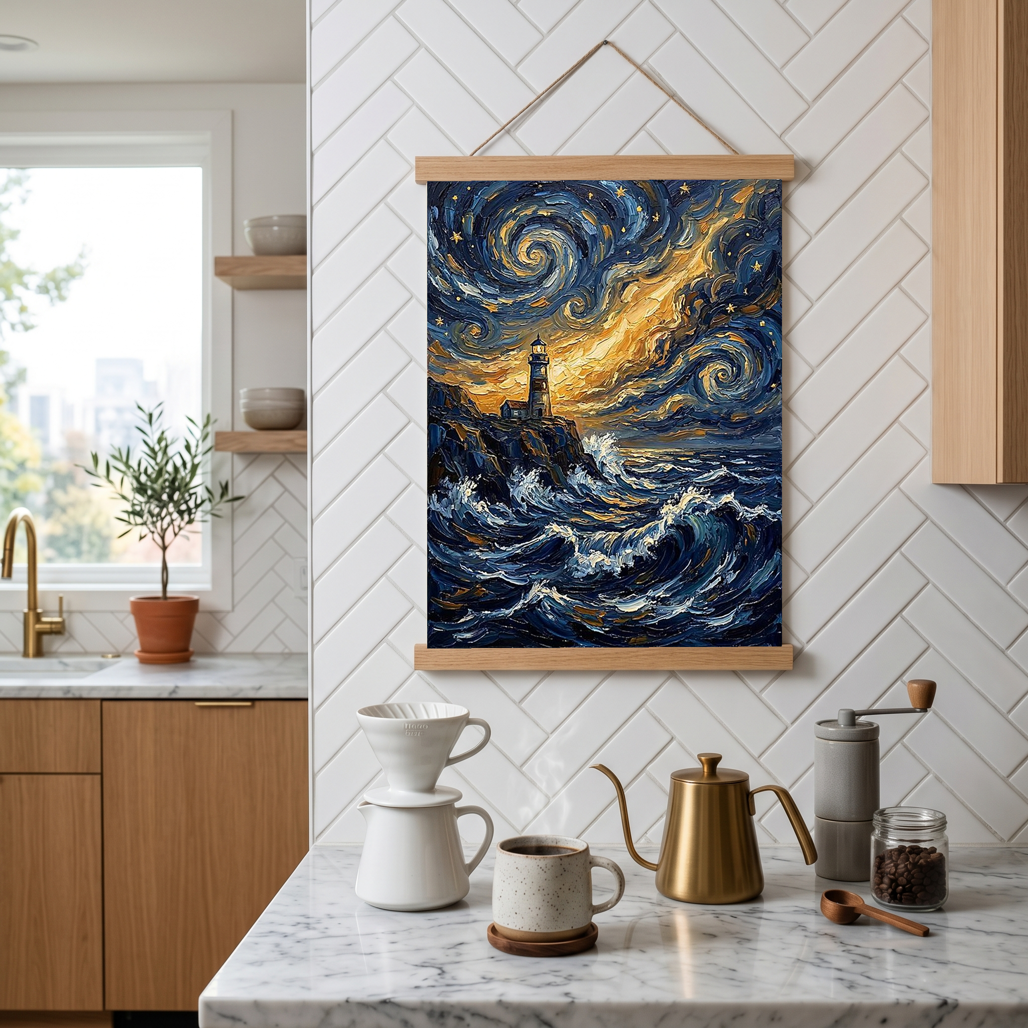 Lighthouse Stormy Sea Print — Van Gogh Starry Night Coastal Wall Art
