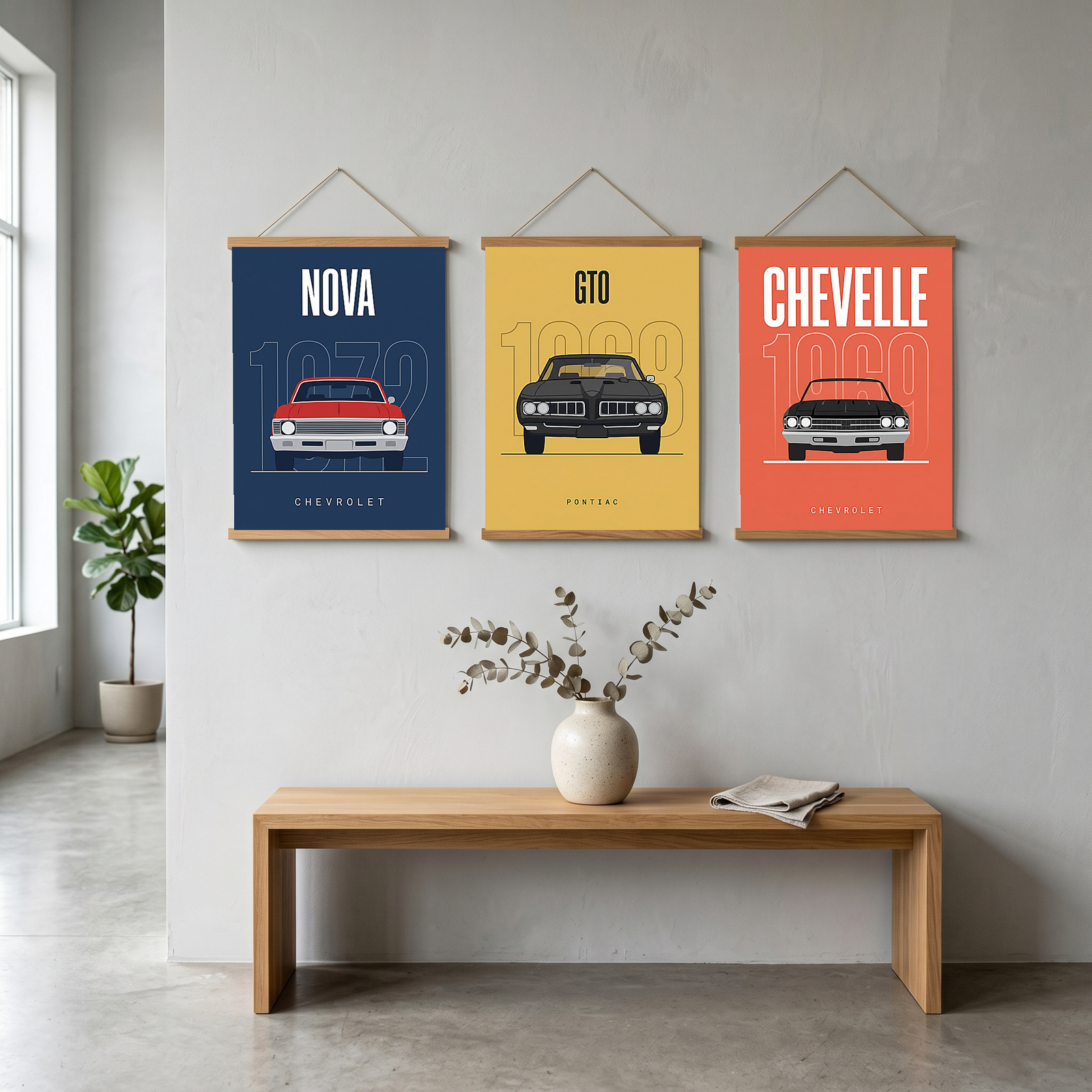 Chevrolet Nova 1972 Minimalist Poster — Red on Navy Compact Muscle Line Art