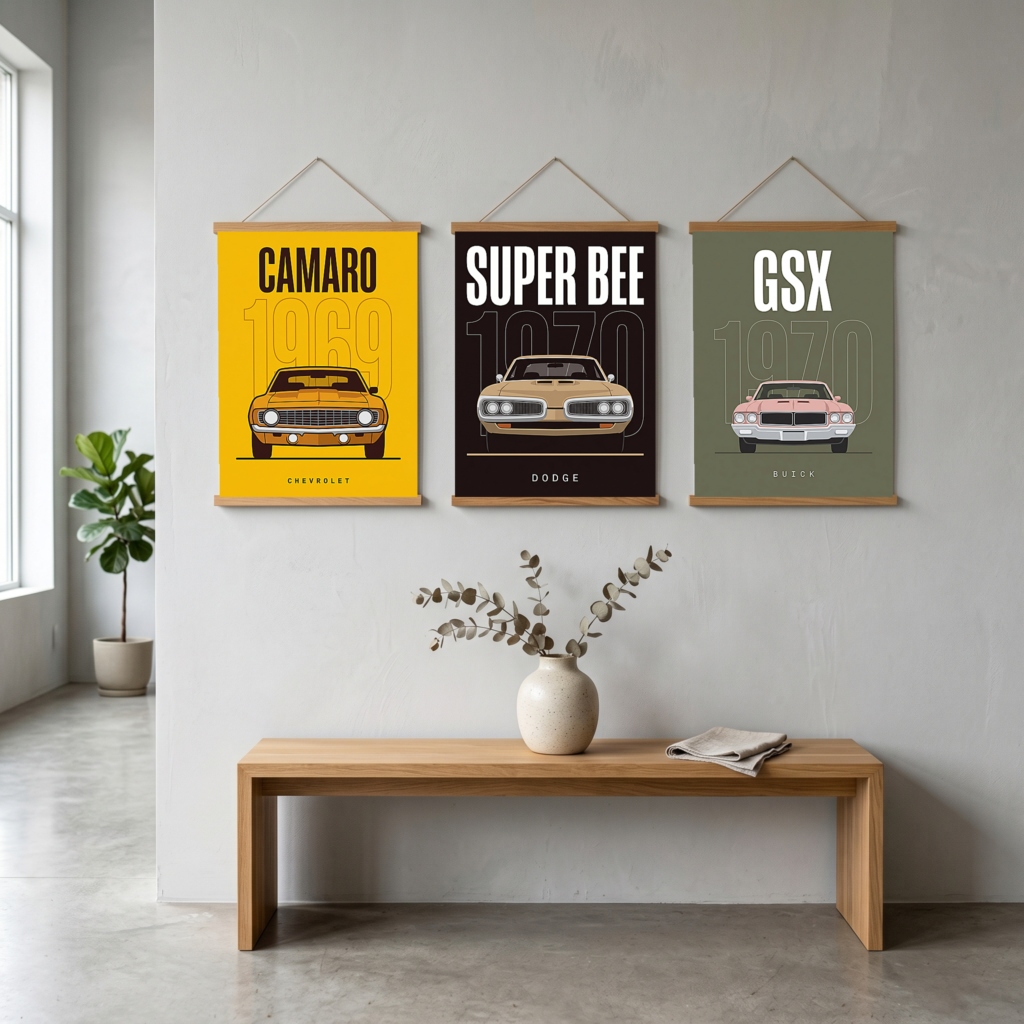 Chevrolet Camaro 1969 V2 Yellow Minimalist Poster — Muscle Car Line Art