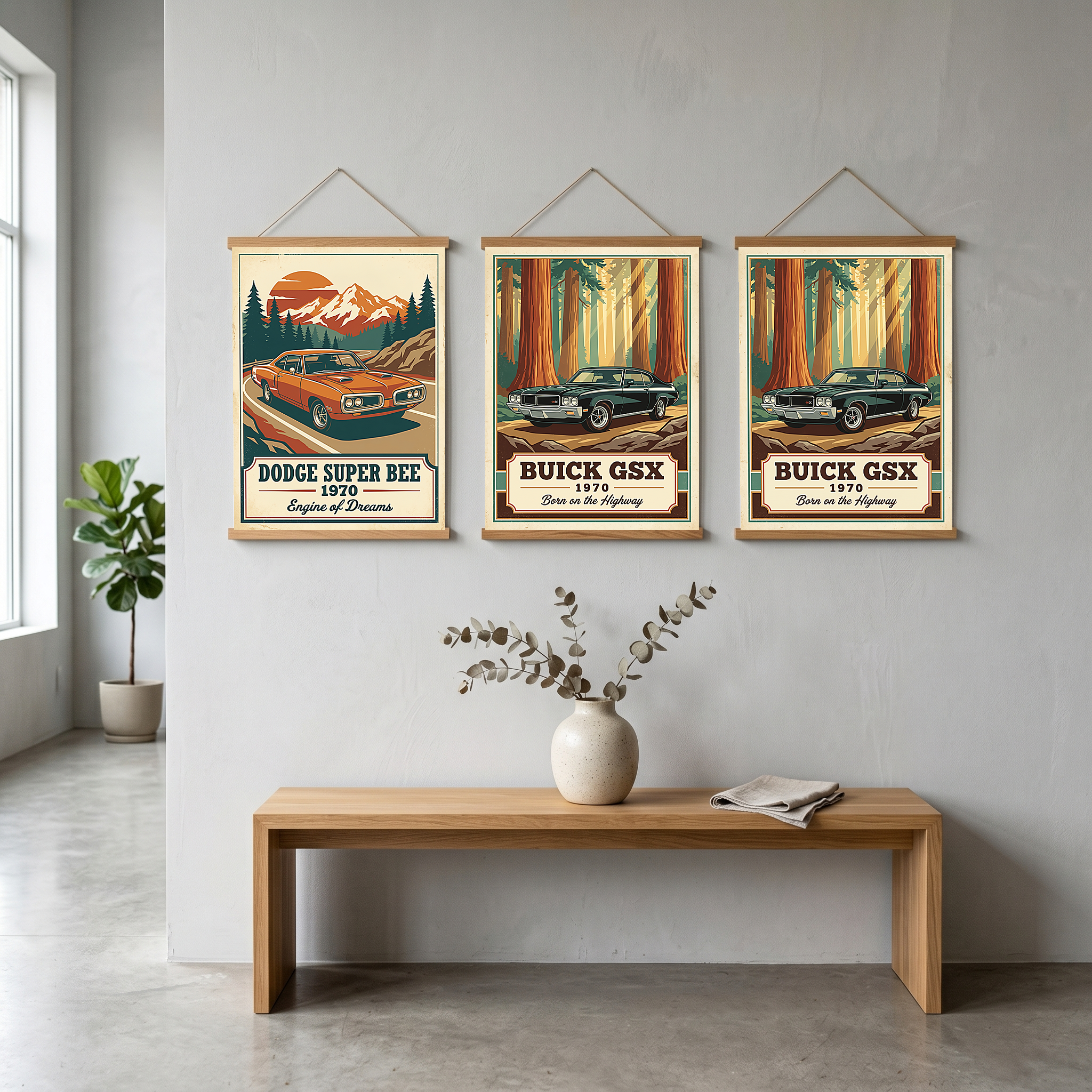 Dodge Super Bee 1970 V2 Poster — Vintage Muscle Mountain Pine Sunset Print