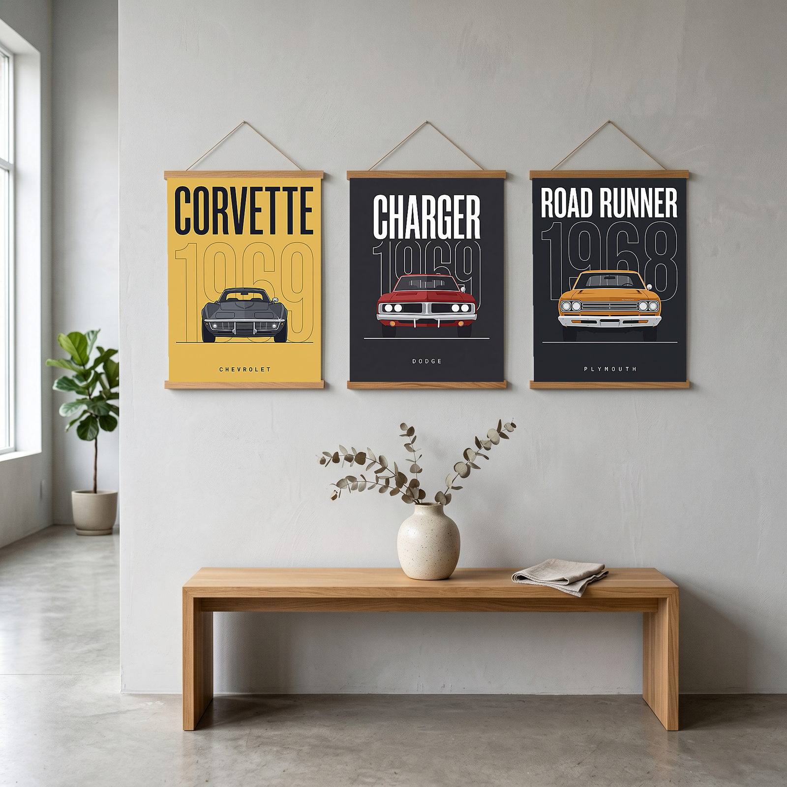 Chevrolet Corvette 1969 V2 Yellow Minimalist Poster — Muscle Car Line Art