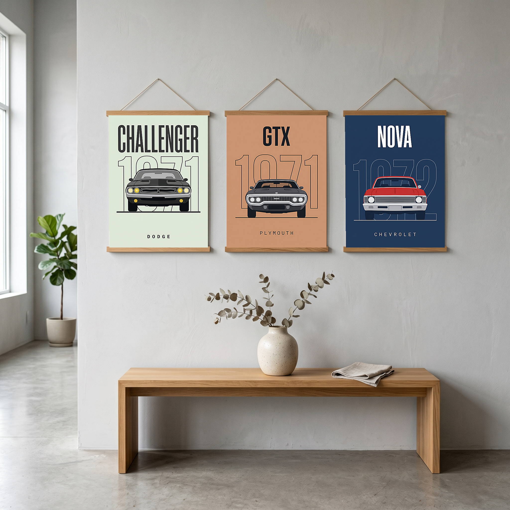 Dodge Challenger 1971 Minimalist Poster — Mint Sage Muscle Car Line Art