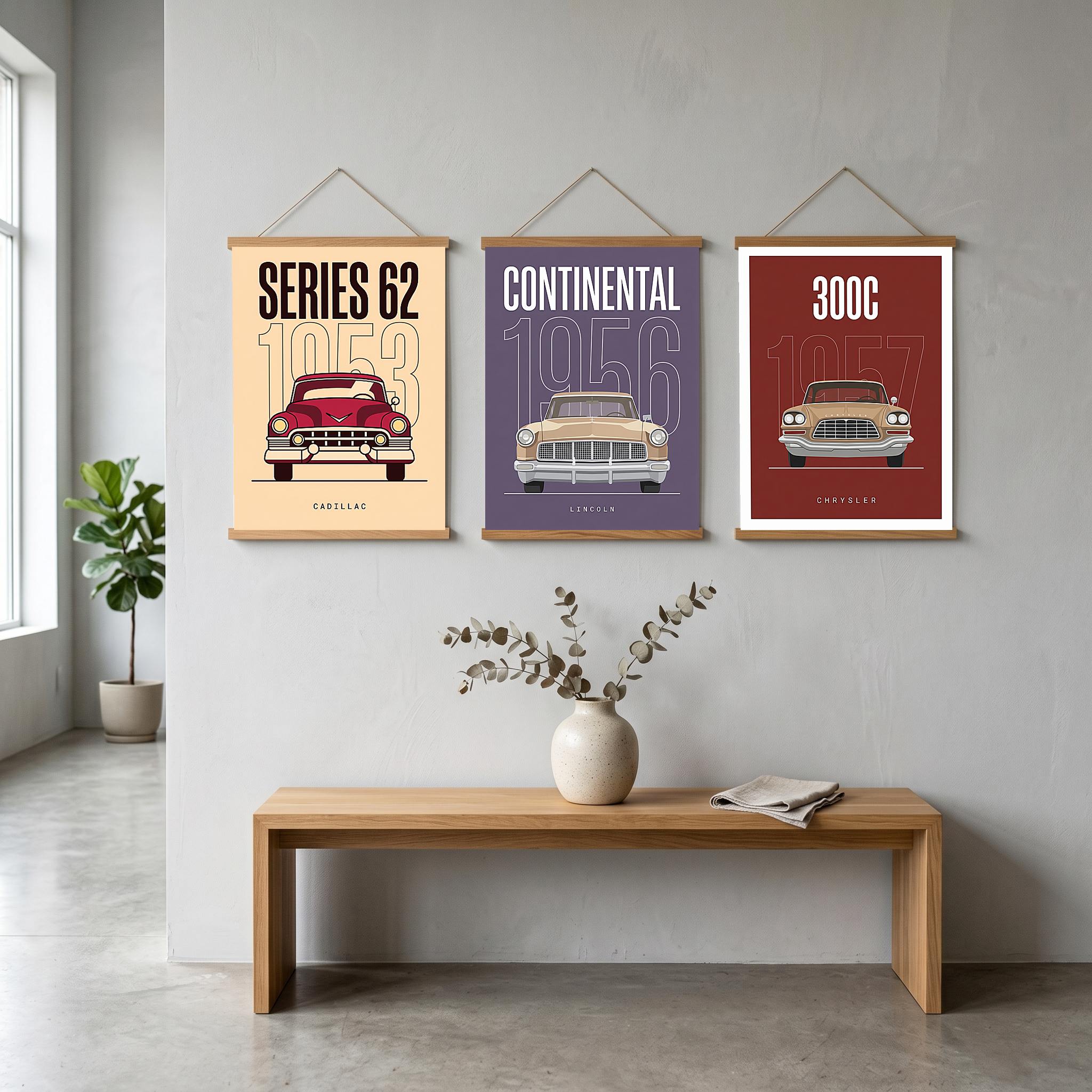 Cadillac Series 62 1953 Minimalist Poster — Cream Classic Car Line Art