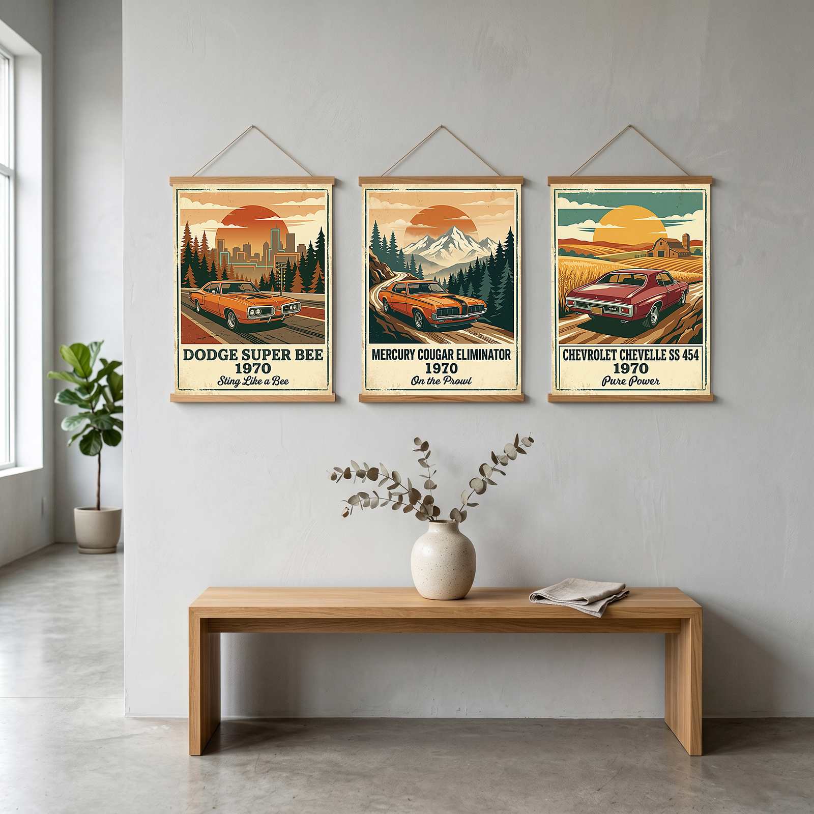Dodge Super Bee 1970 Poster — Vintage Muscle Car City Skyline Print