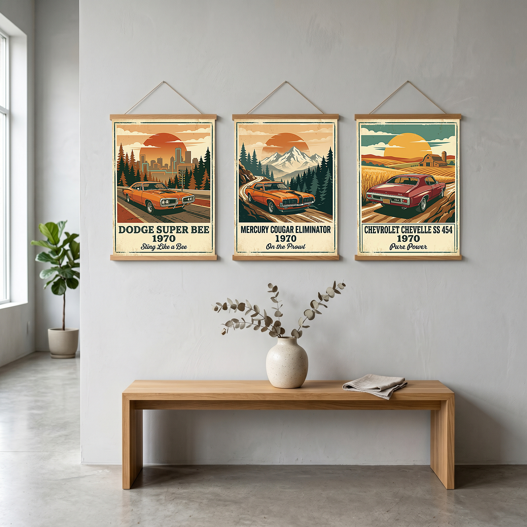 Dodge Super Bee 1970 Poster — Vintage Muscle Car City Skyline Print