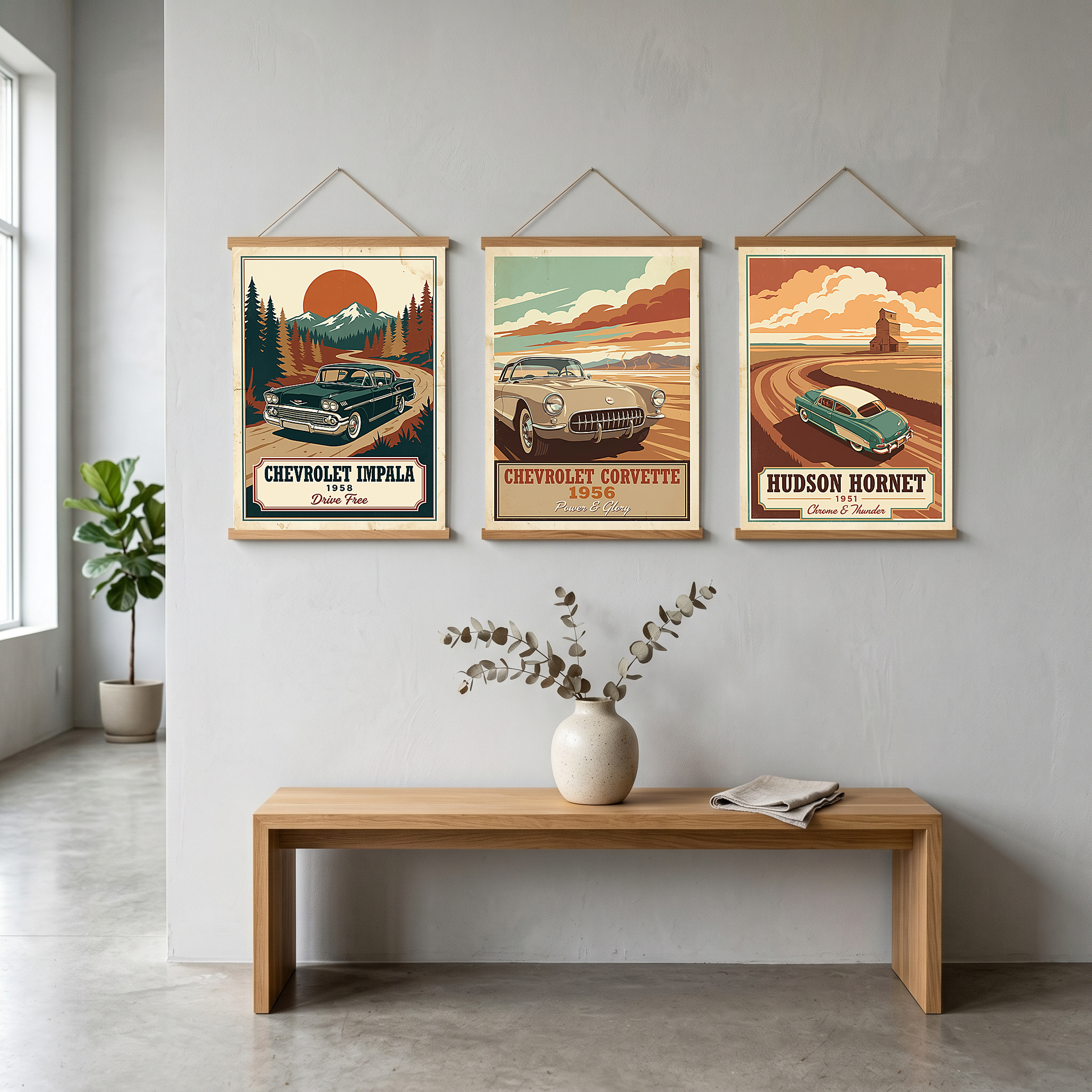 Chevrolet Impala 1958 Poster — Vintage Muscle Mountain Pine Sunset Print