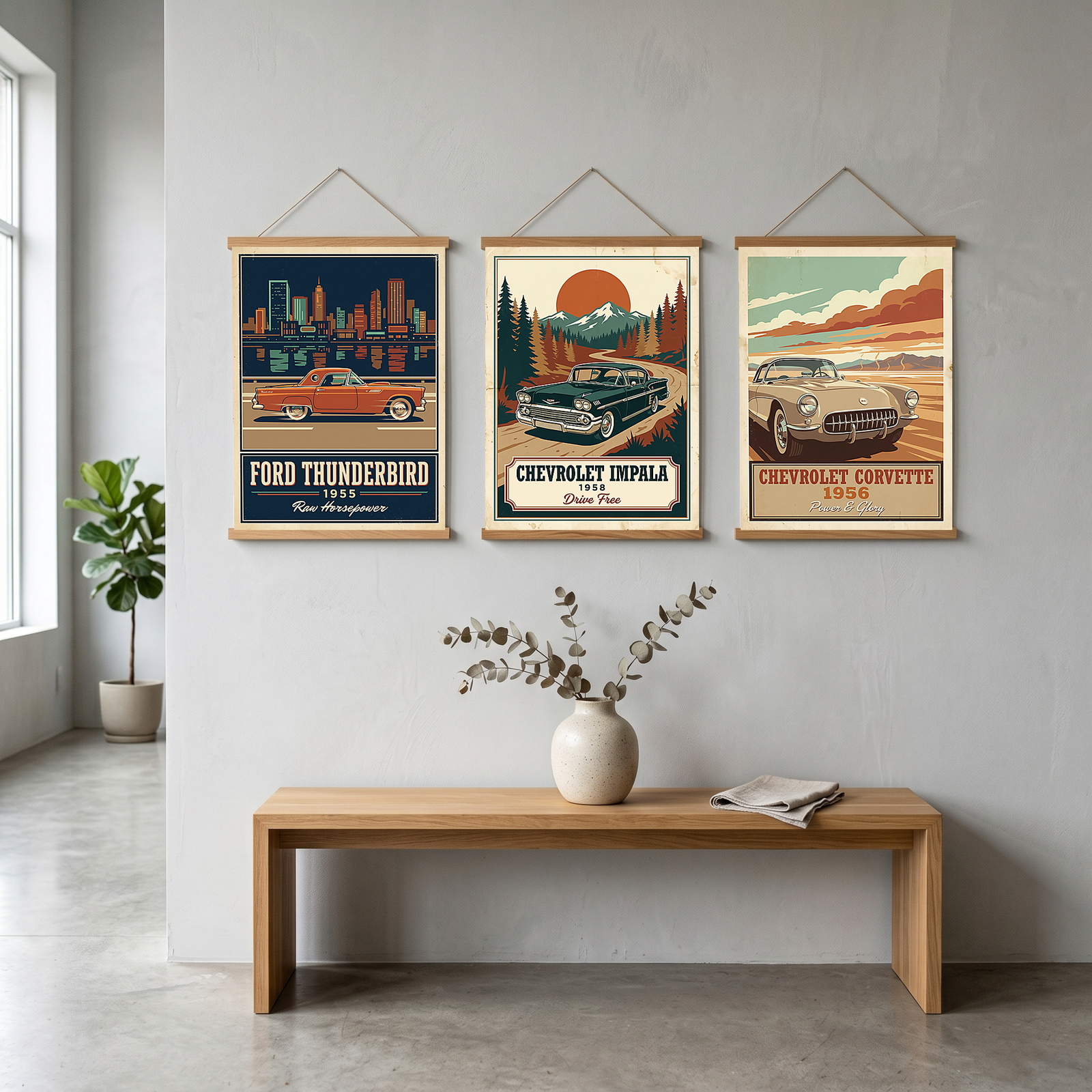 Ford Thunderbird 1955 Poster — Vintage Two-Seater Convertible City Skyline Print