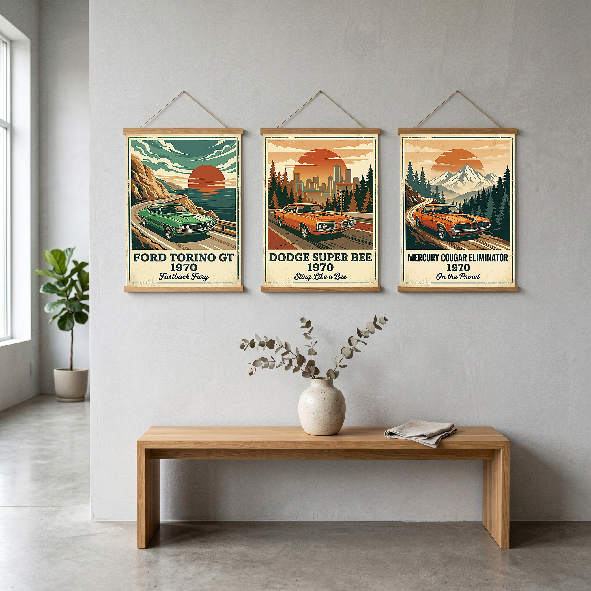 Ford Torino GT 1970 Poster — Vintage Muscle Car Coastal Cliff Sunset Print