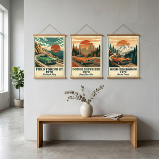Ford Torino GT 1970 Poster — Vintage Muscle Car Coastal Cliff Sunset Print