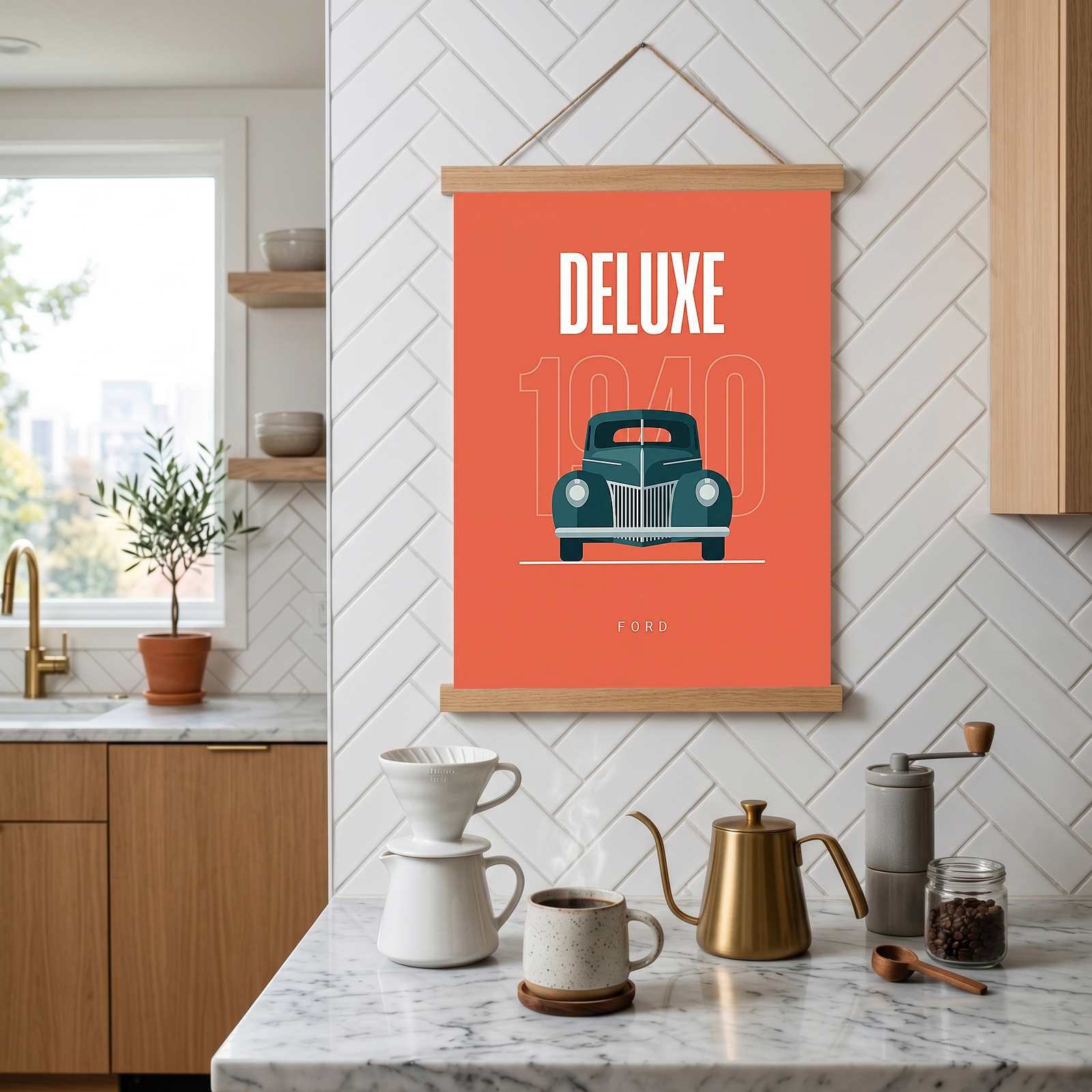 Ford Deluxe 1940 Minimalist Poster — Coral Pre-War Classic Line Art