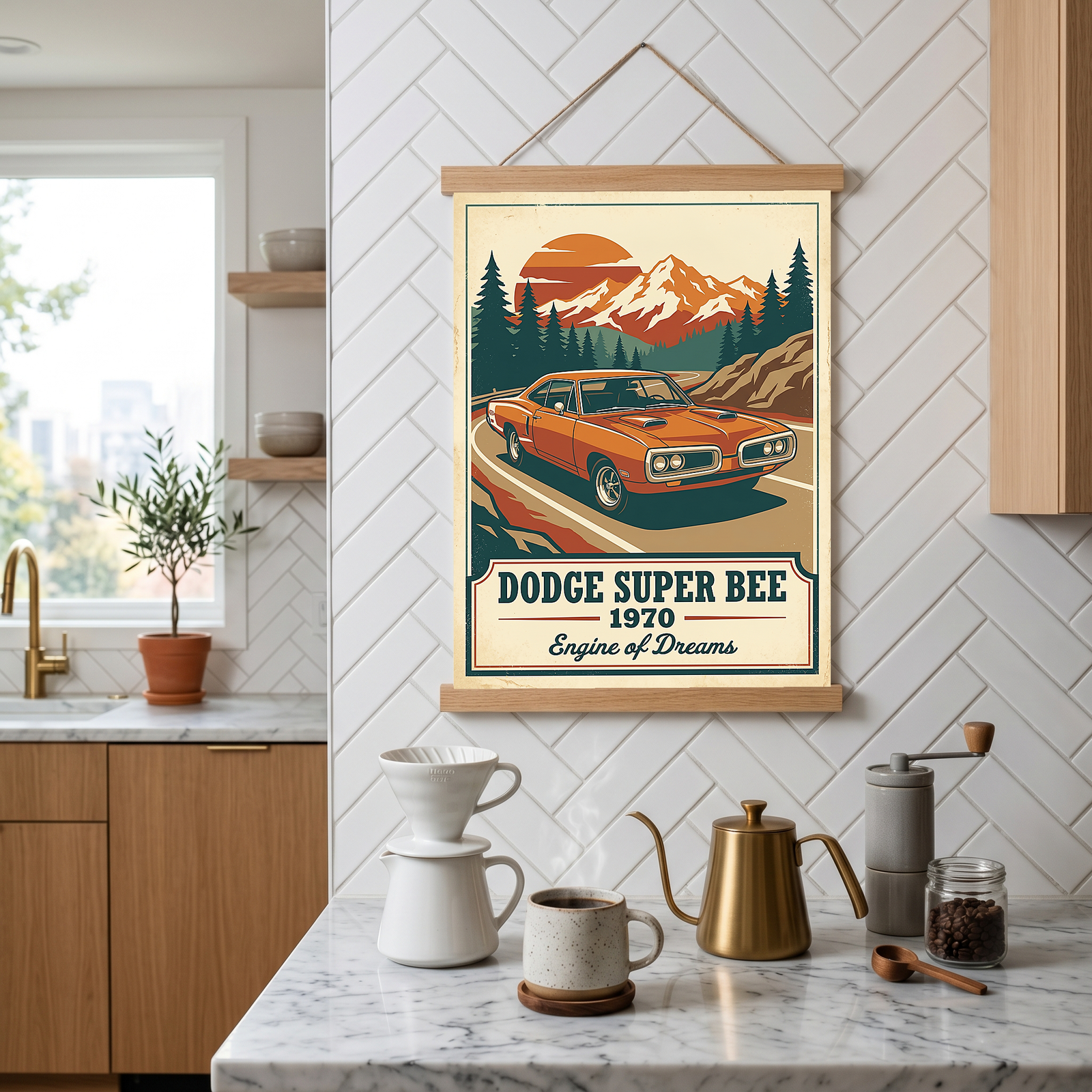 Dodge Super Bee 1970 V2 Poster — Vintage Muscle Mountain Pine Sunset Print