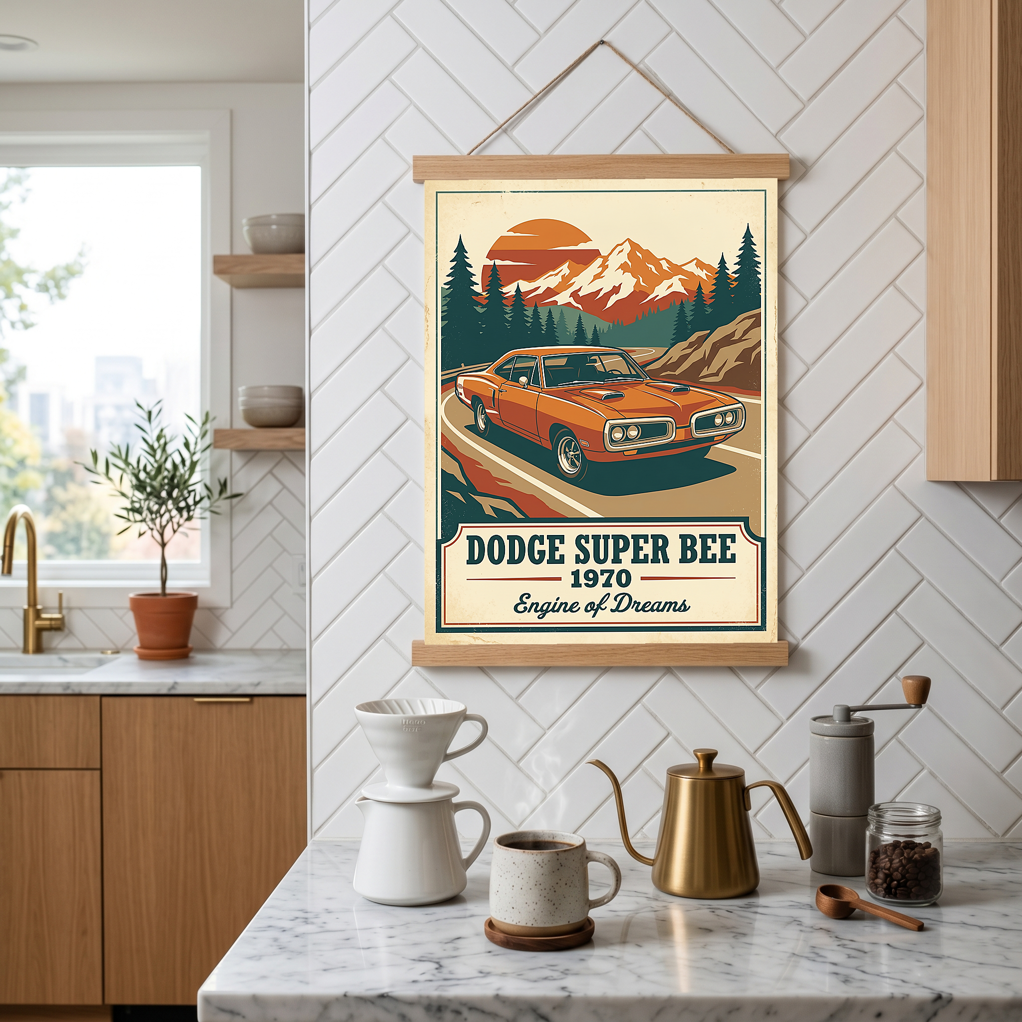 Dodge Super Bee 1970 V2 Poster — Vintage Muscle Mountain Pine Sunset Print