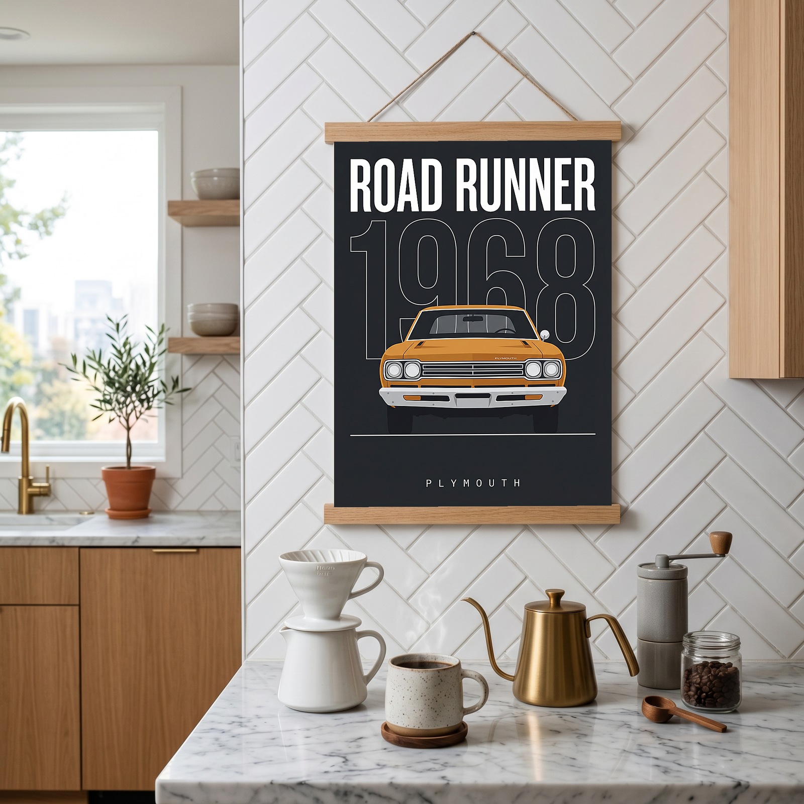 Plymouth Road Runner 1968 Minimalist Poster — Charcoal Muscle Car Line Art