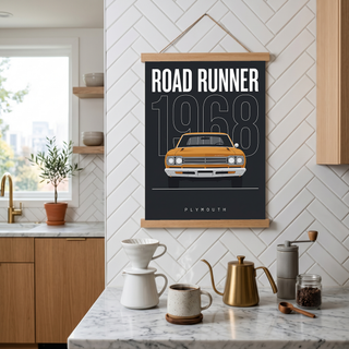 Plymouth Road Runner 1968 Minimalist Poster — Charcoal Muscle Car Line Art