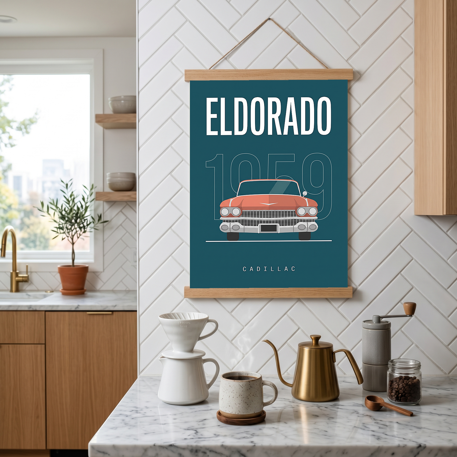 Cadillac Eldorado 1959 Minimalist Poster — Teal Tail-Fin Classic Line Art
