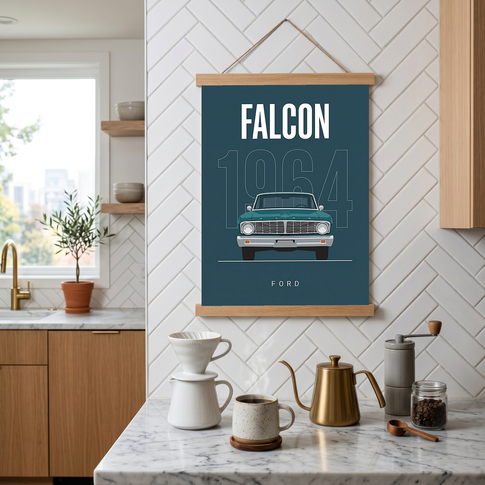 Ford Falcon 1964 Minimalist Poster — Teal Compact Muscle Line Art