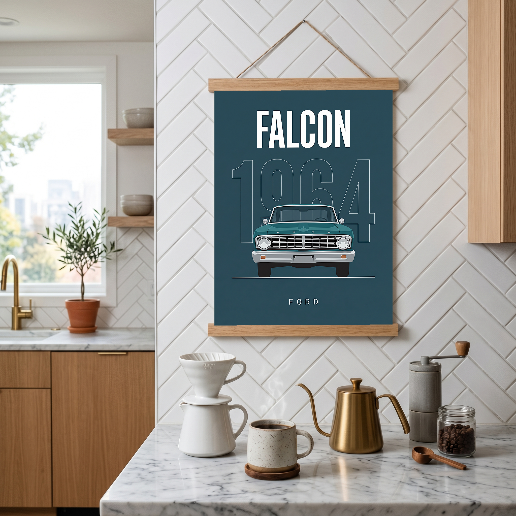 Ford Falcon 1964 Minimalist Poster — Teal Compact Muscle Line Art