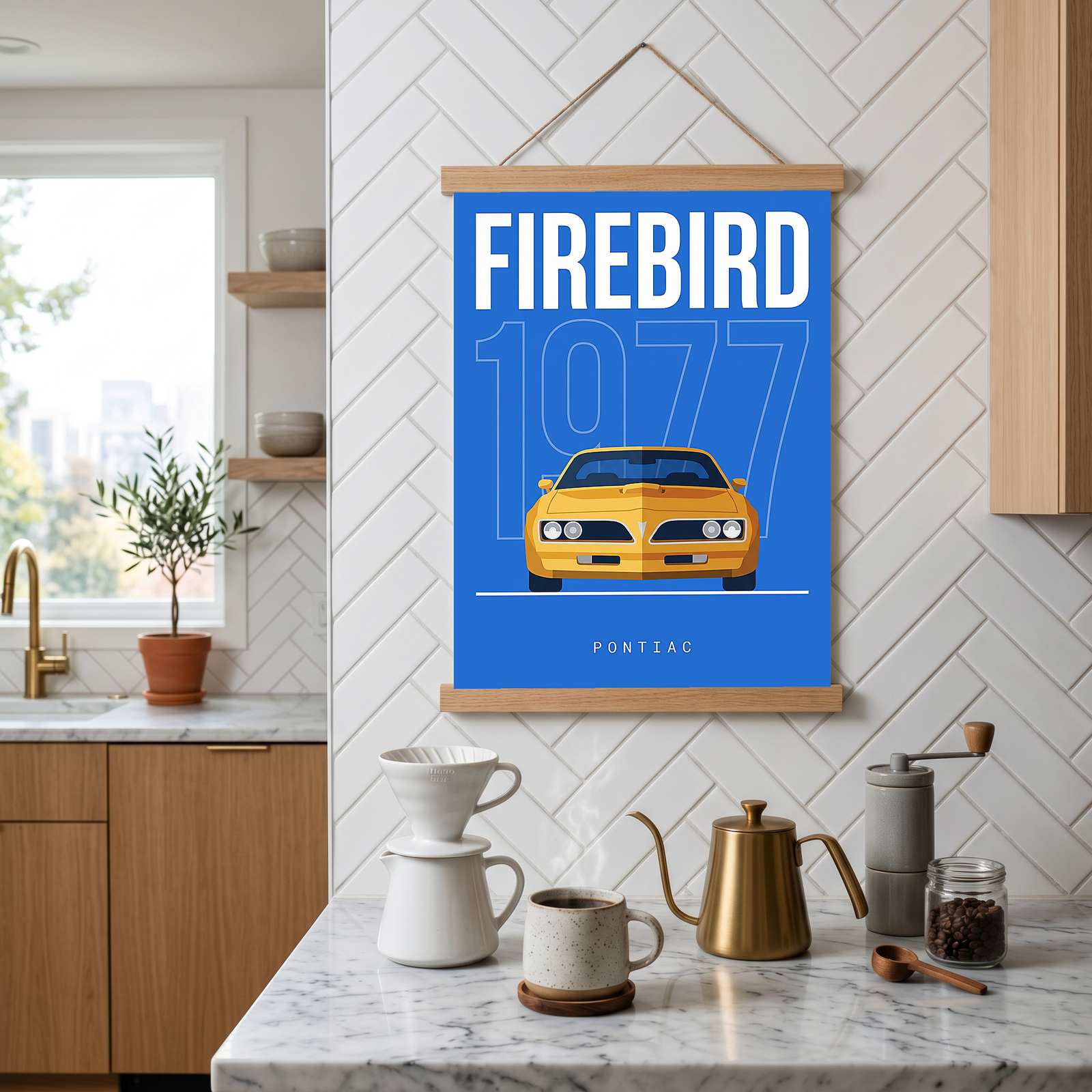 Pontiac Firebird 1977 Minimalist Poster — Blue Muscle Car Line Art