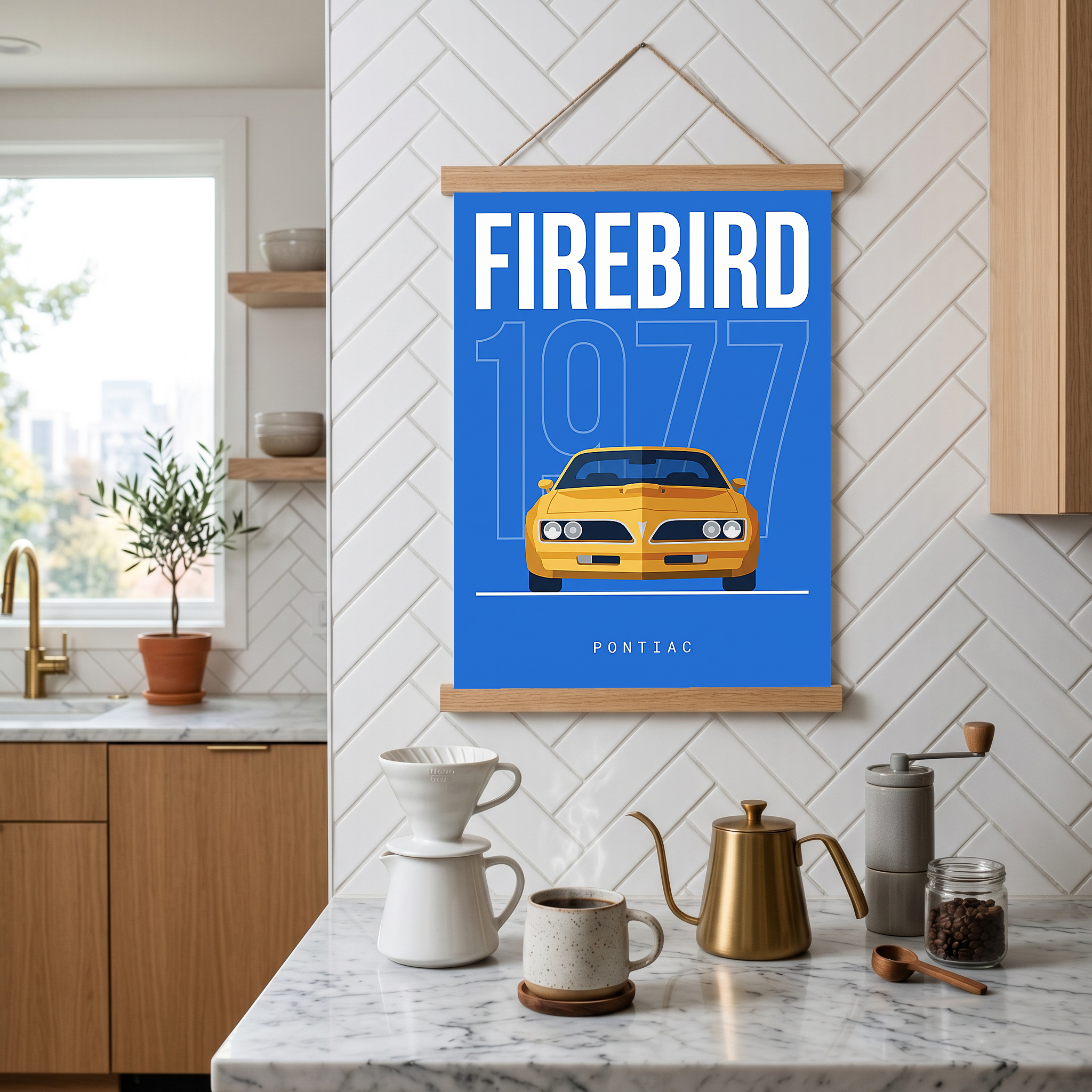 Pontiac Firebird 1977 Minimalist Poster — Blue Muscle Car Line Art