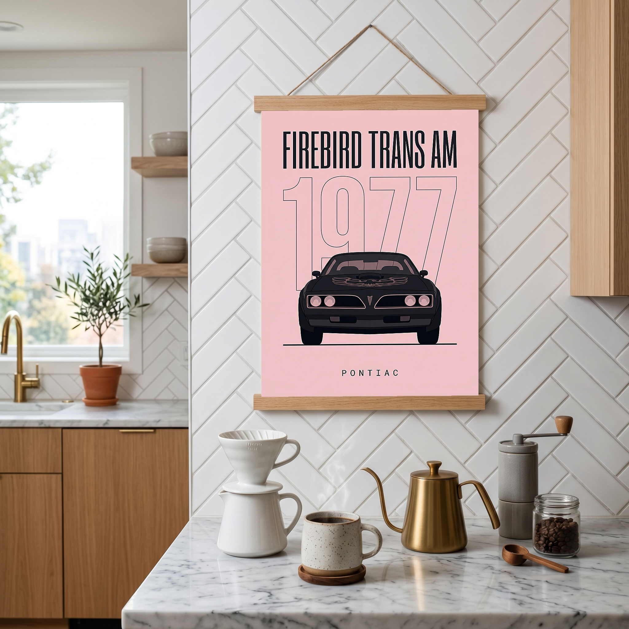 Pontiac Firebird Trans Am 1977 Minimalist Poster — Blush Pink Muscle Line Art