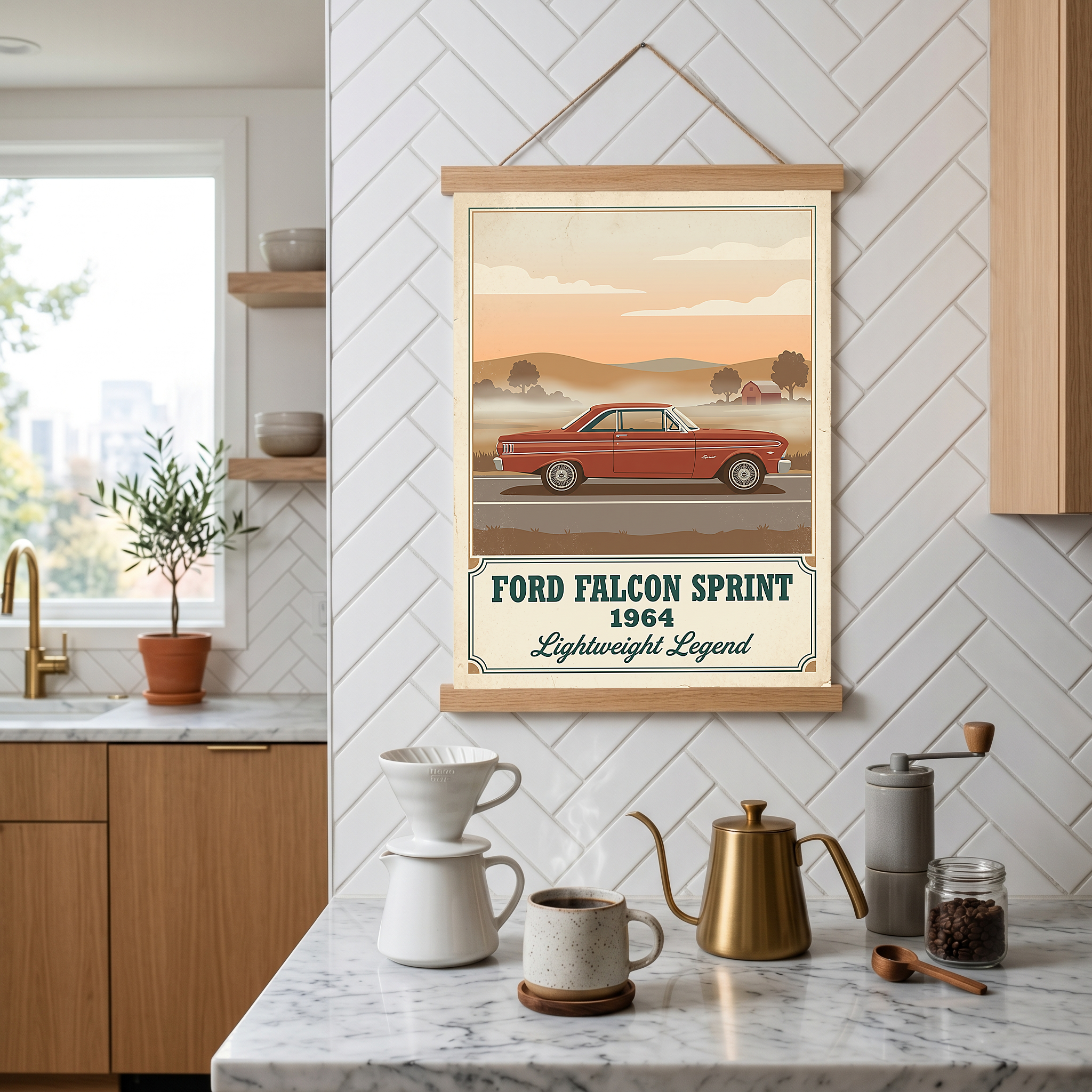 Ford Falcon Sprint 1964 Poster — Vintage Muscle Car Misty Country Road Print
