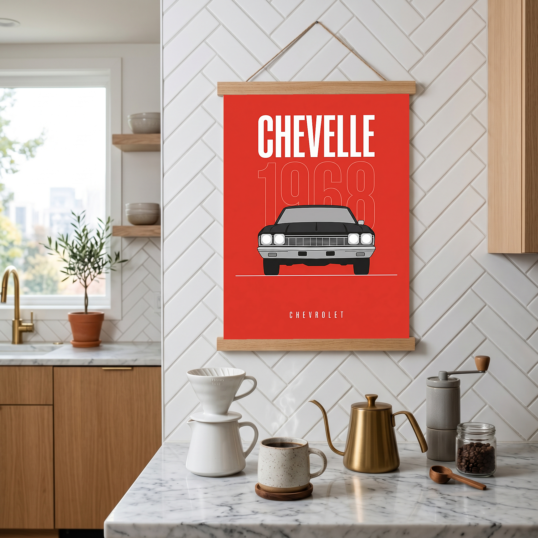 Chevrolet Chevelle 1968 V2 Minimalist Poster — Crimson Sedan Muscle Line Art