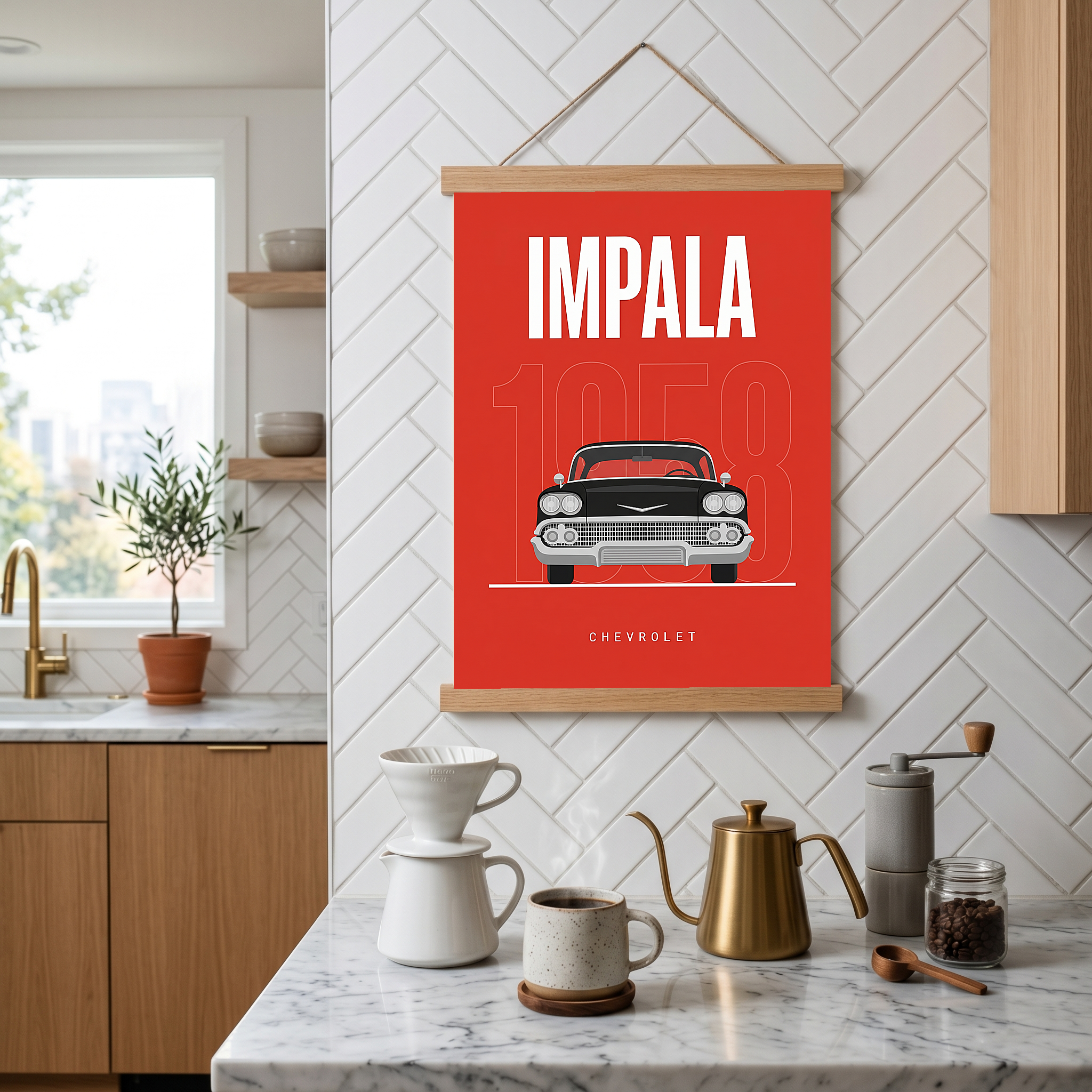 Chevrolet Impala 1958 Minimalist Poster — Red Classic Muscle Line Art