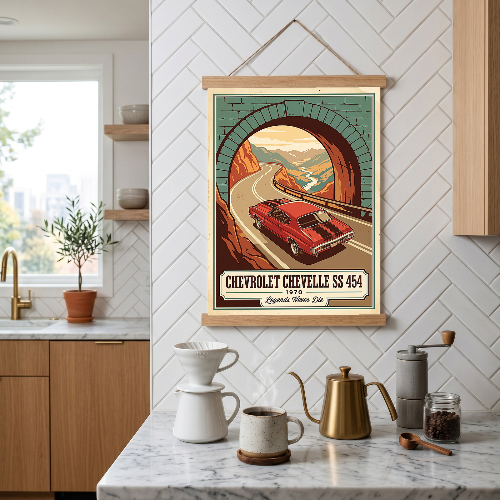 Chevrolet Chevelle SS 454 1970 V9 Stone Tunnel Poster — Vintage Muscle Mountain Pass